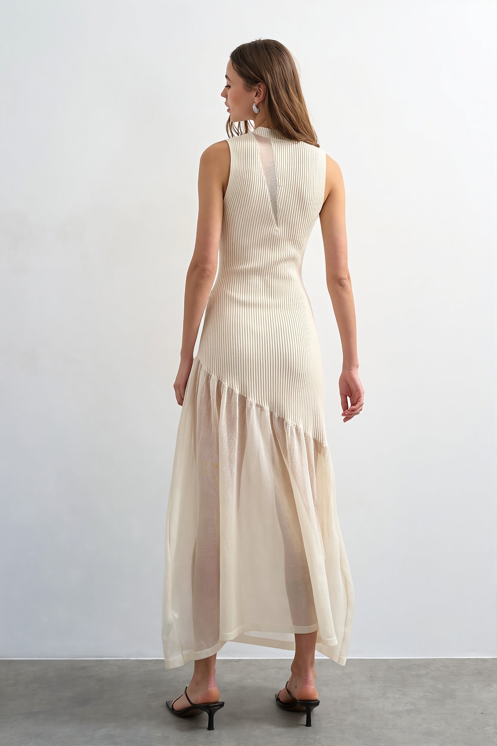 Ribbed-Knit Mesh-Splice Maxi Dress