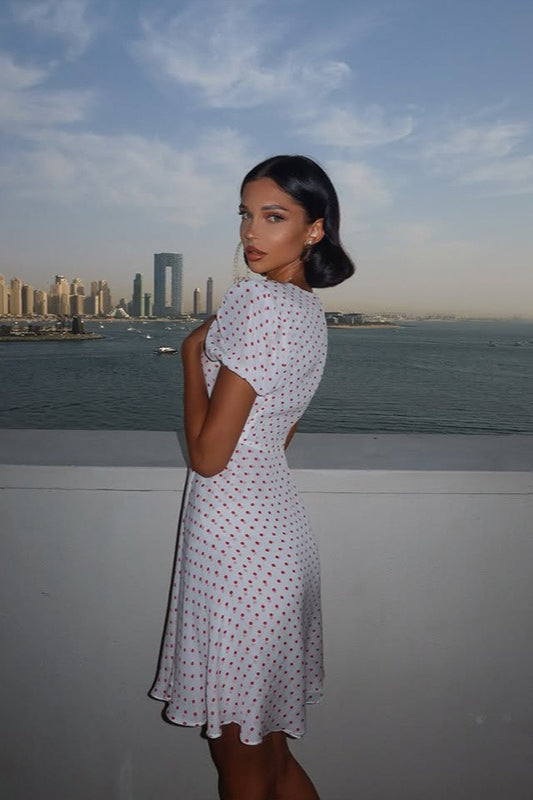 Polka Dot Deep-V Puff-Sleeve Mini Dress