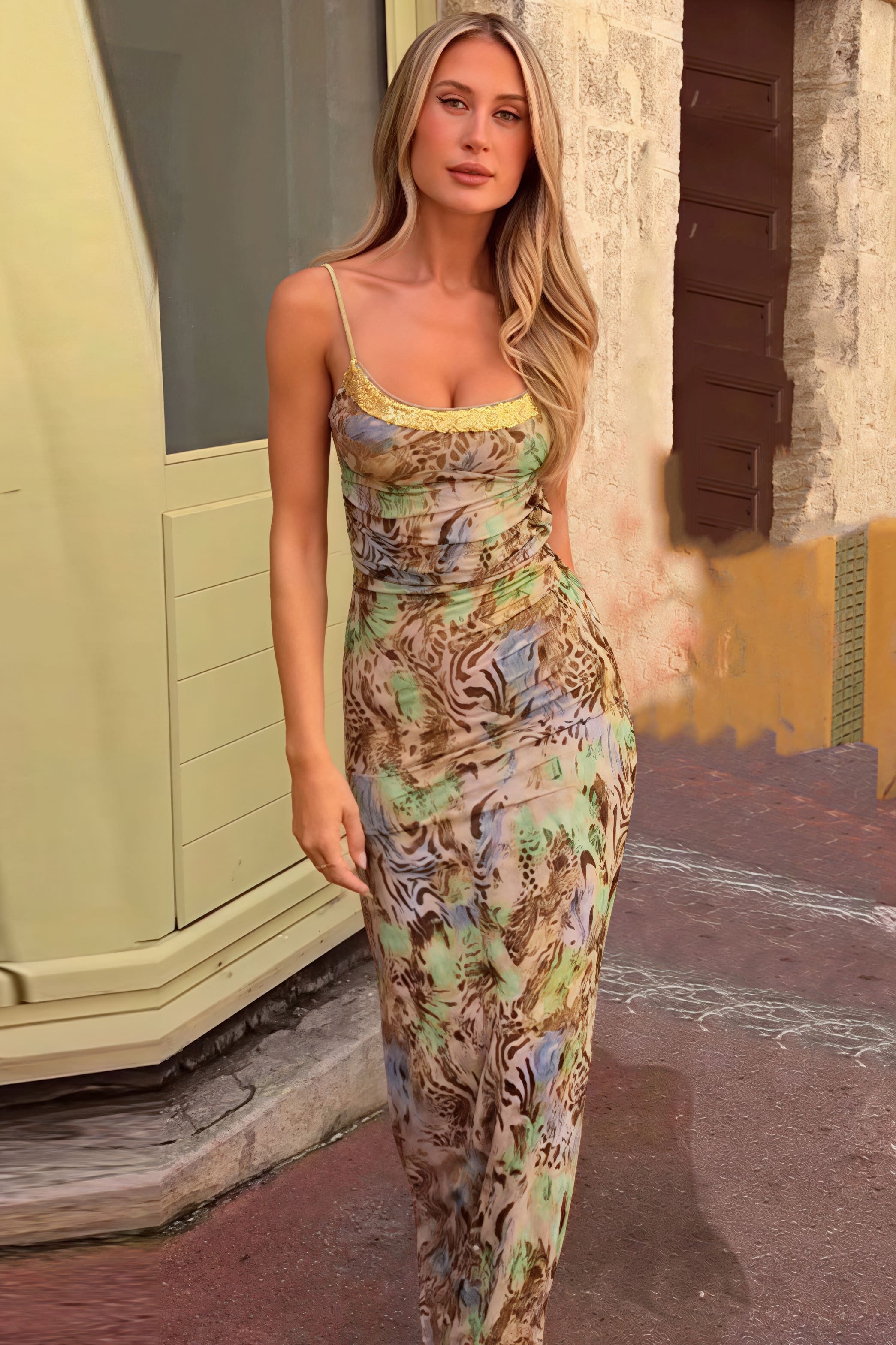 Leopard Cutout Backless Cami Maxi Dress