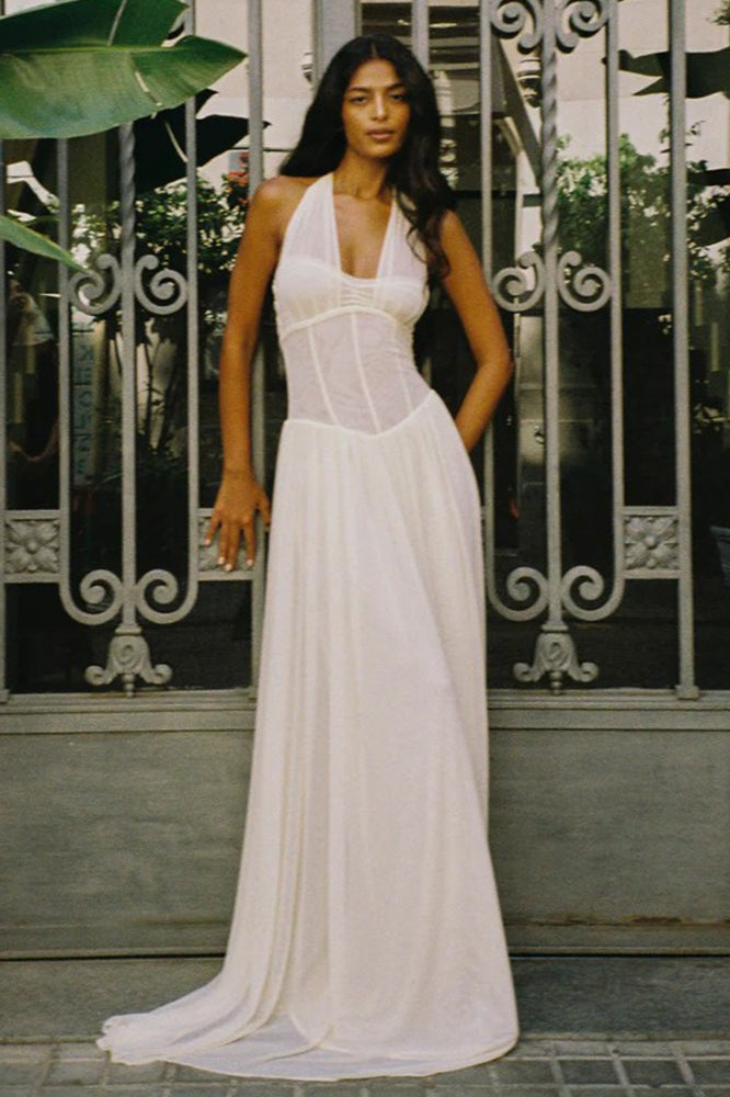 Halter Boned-Waist Mesh Maxi Dress
