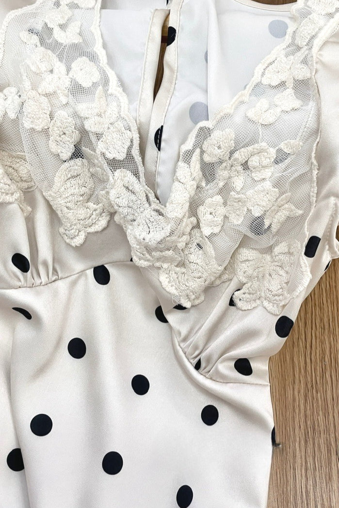 Polka Dot Lace-Splice Satin Maxi Dress