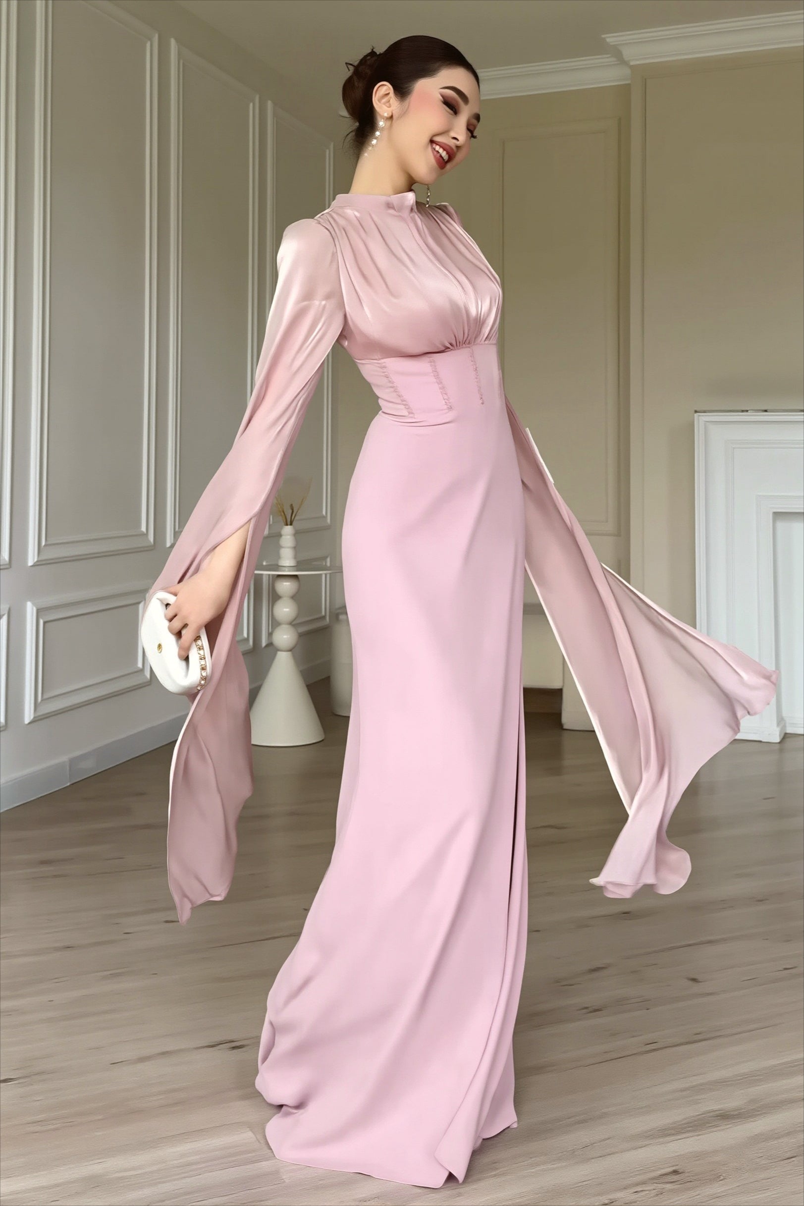 Glossy Flowy-Sleeve Slim Maxi Dress