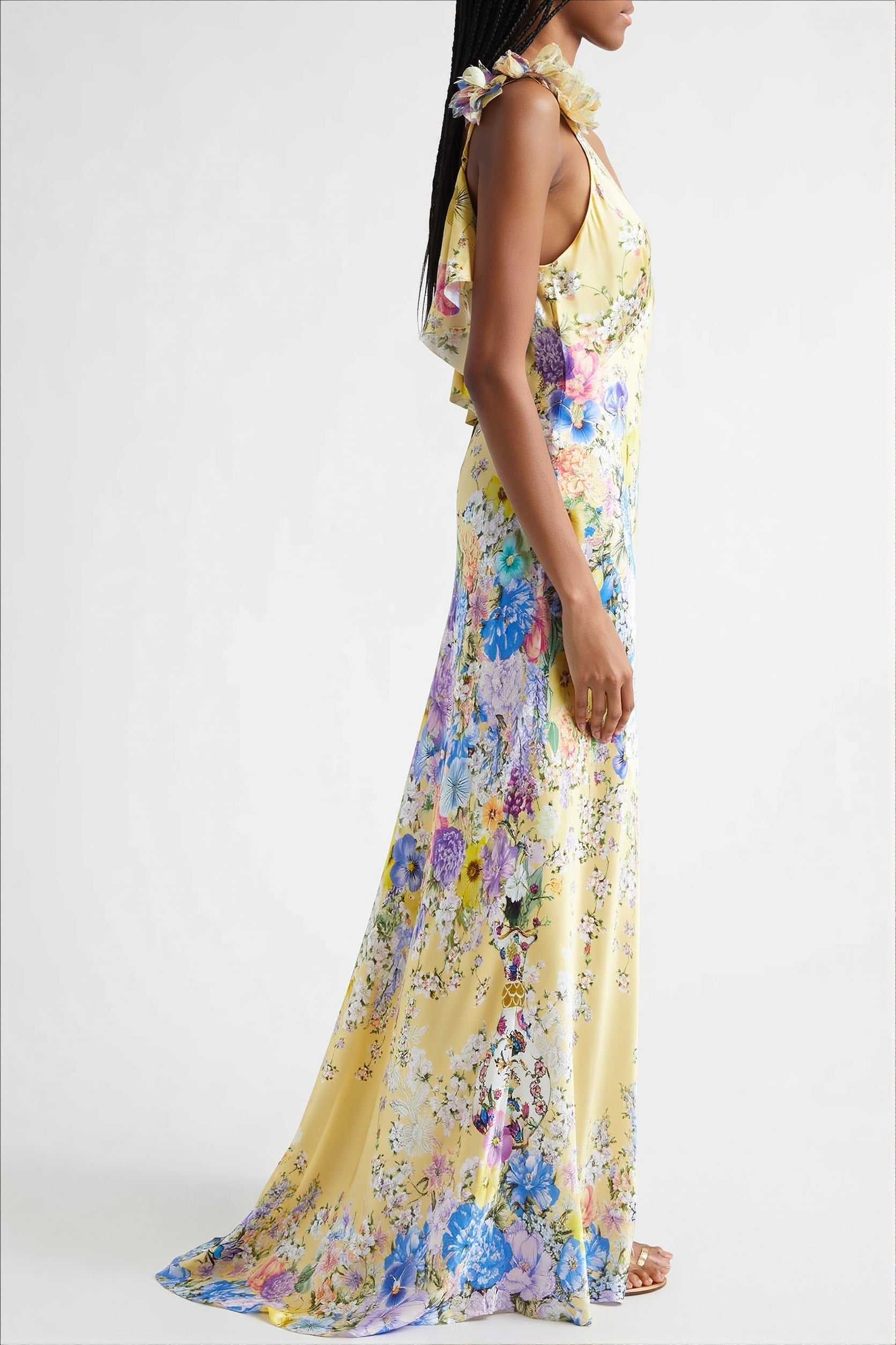 Floral Ruffle-Strap Backless Maxi Dress