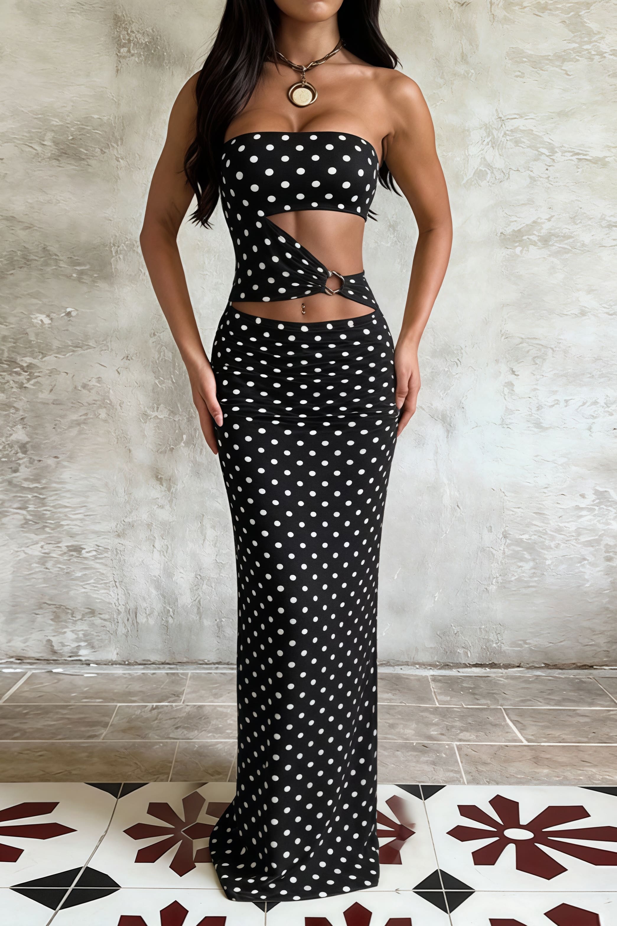 Printed Strapless Cutout Bodycon Maxi Dress