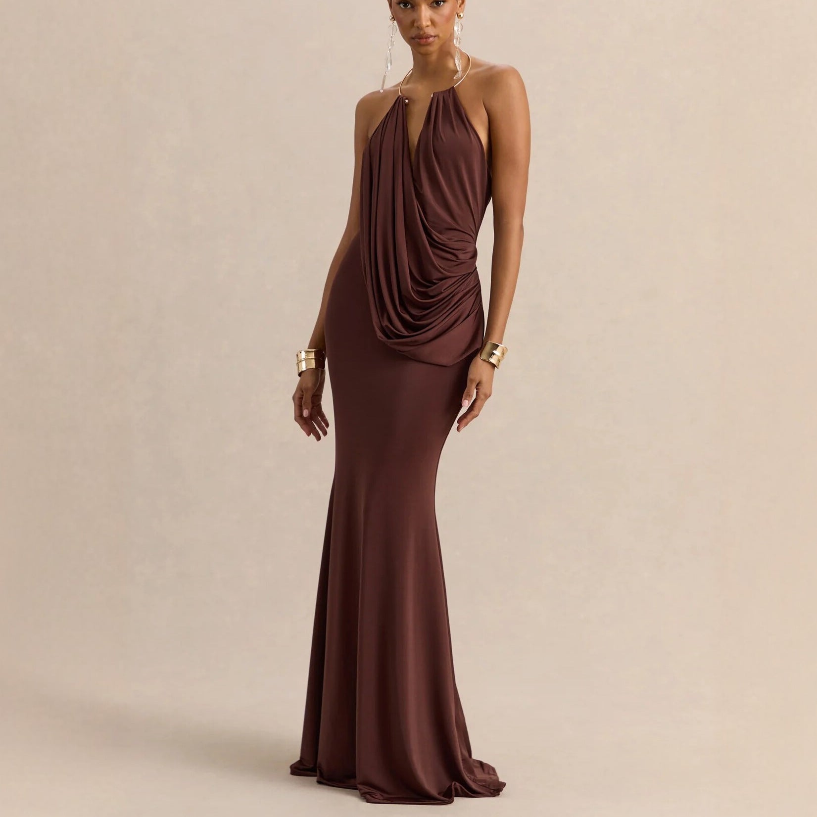 Ruffle Cowl-Neck Bodycon Maxi Dress