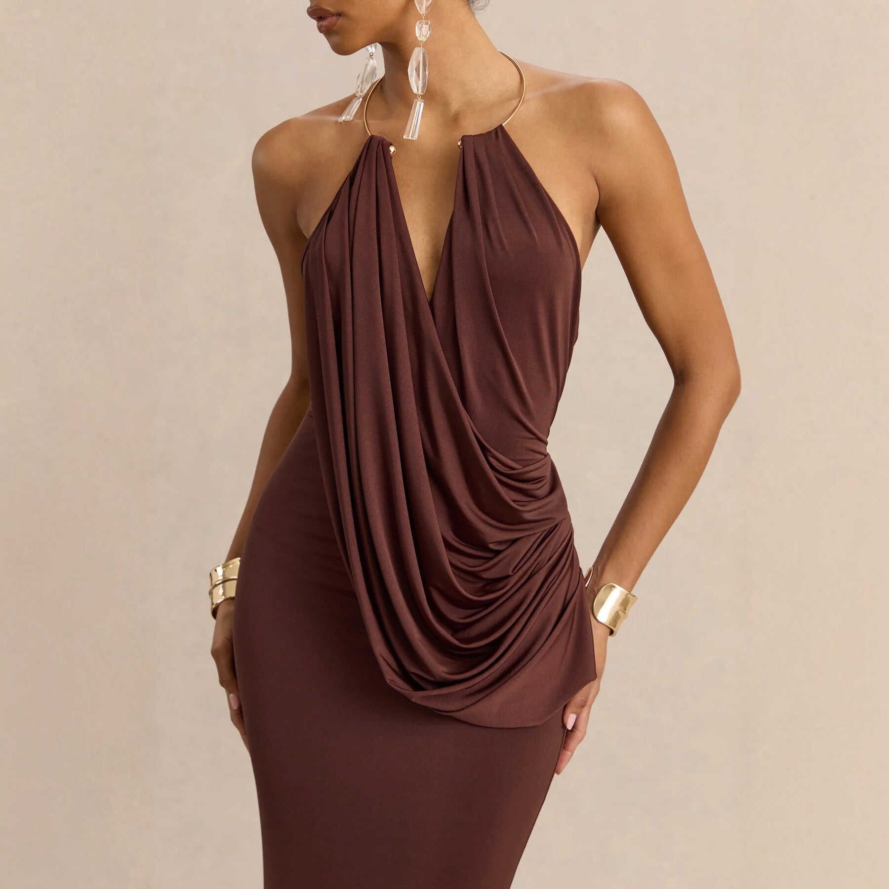 Ruffle Cowl-Neck Bodycon Maxi Dress