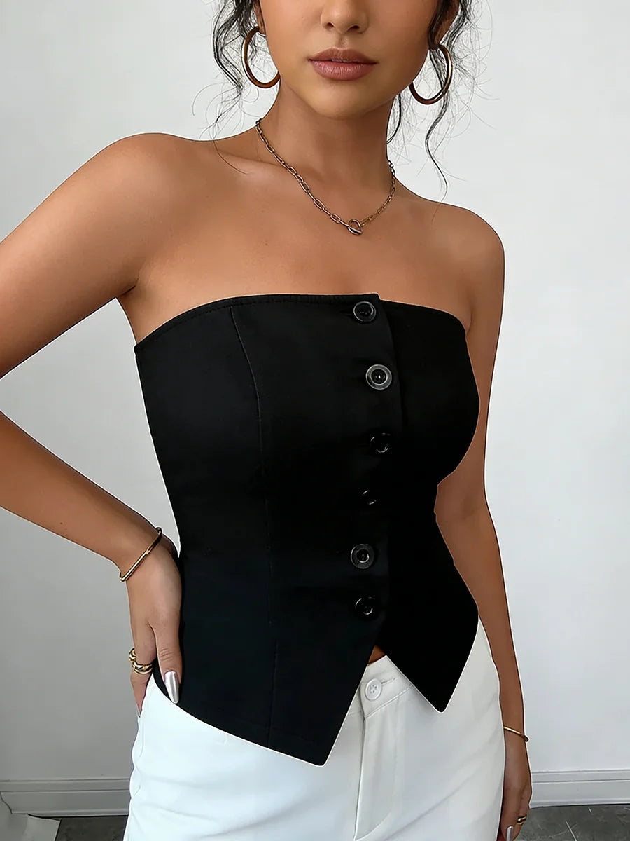 Strapless Button-Detail Corset Top