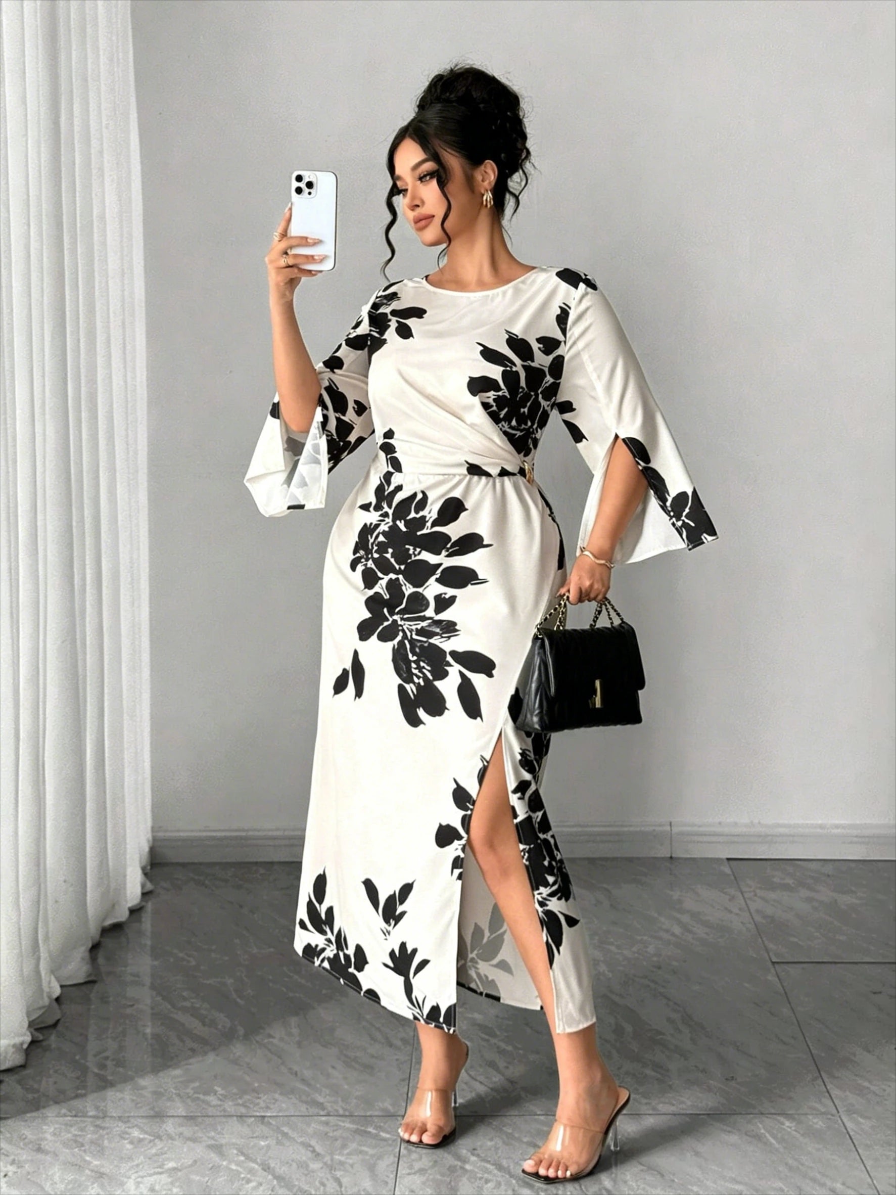 Printed Split-Cuff Slim Dress