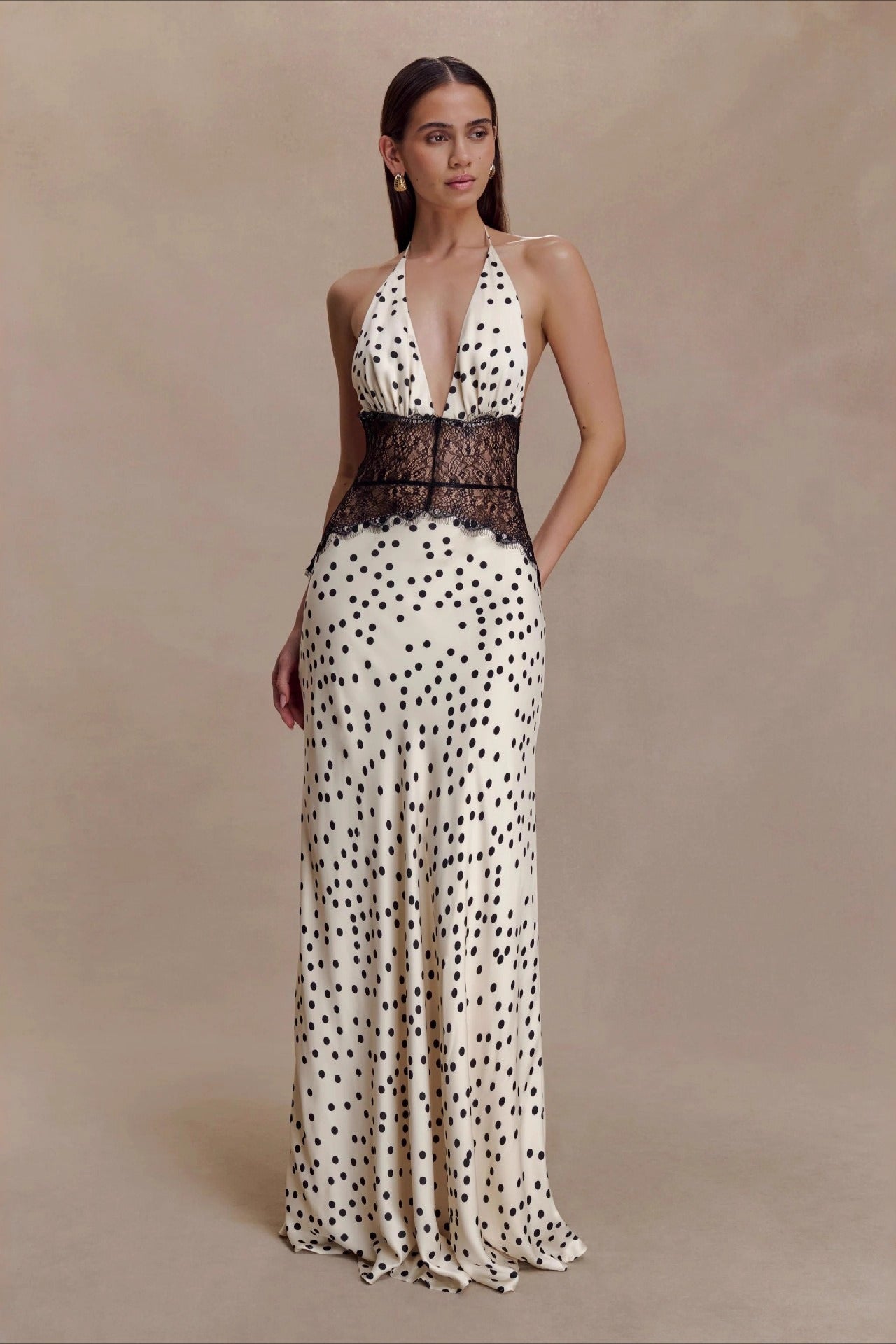 Polka Dot Lace-Patchwork Deep-V Maxi Dress