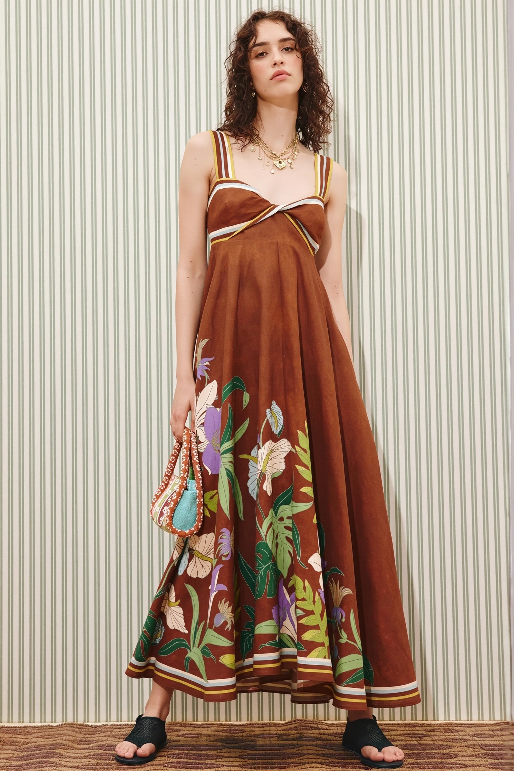 Floral-Stripe Casual Boho Dress