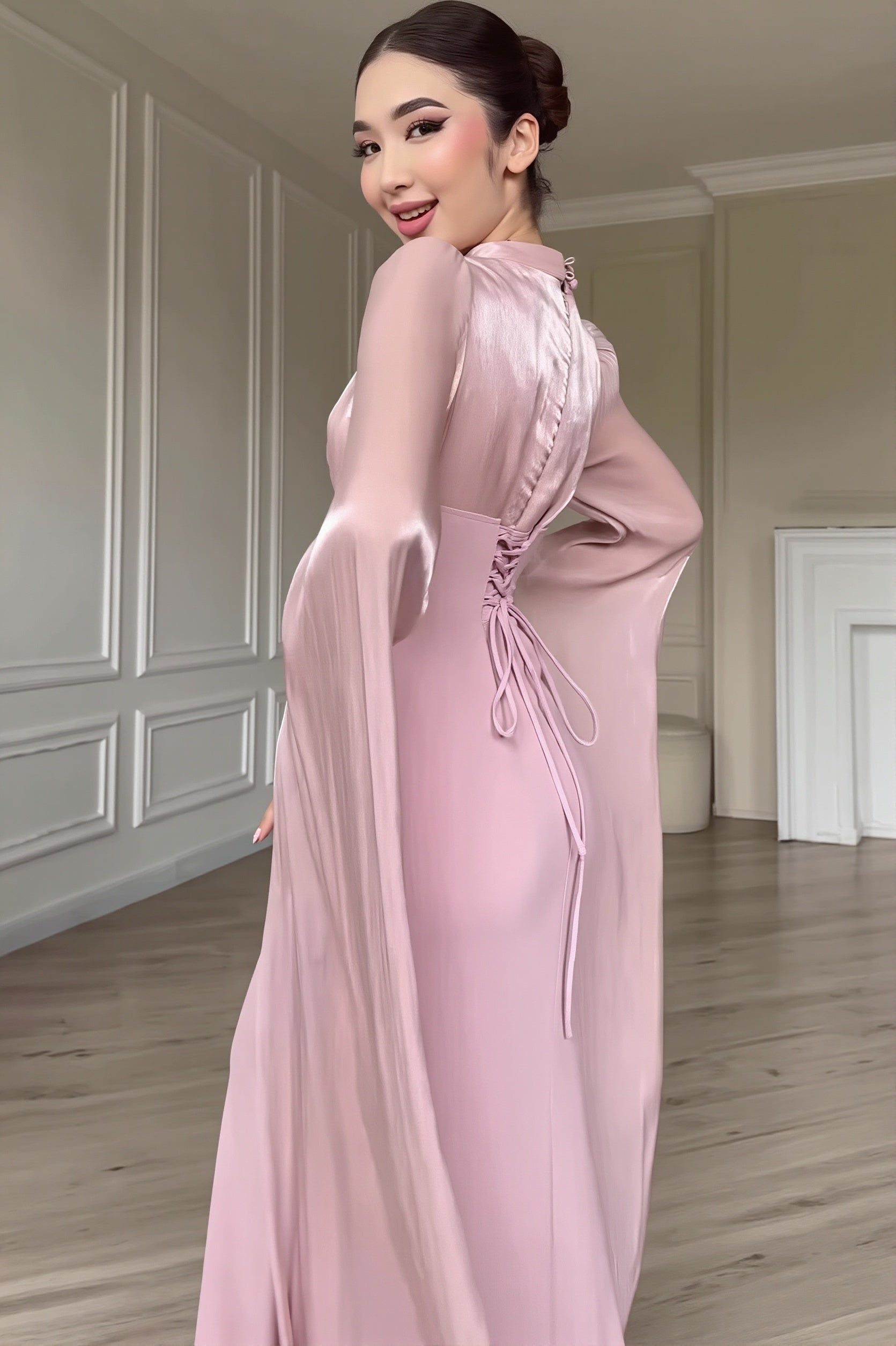 Glossy Flowy-Sleeve Slim Maxi Dress
