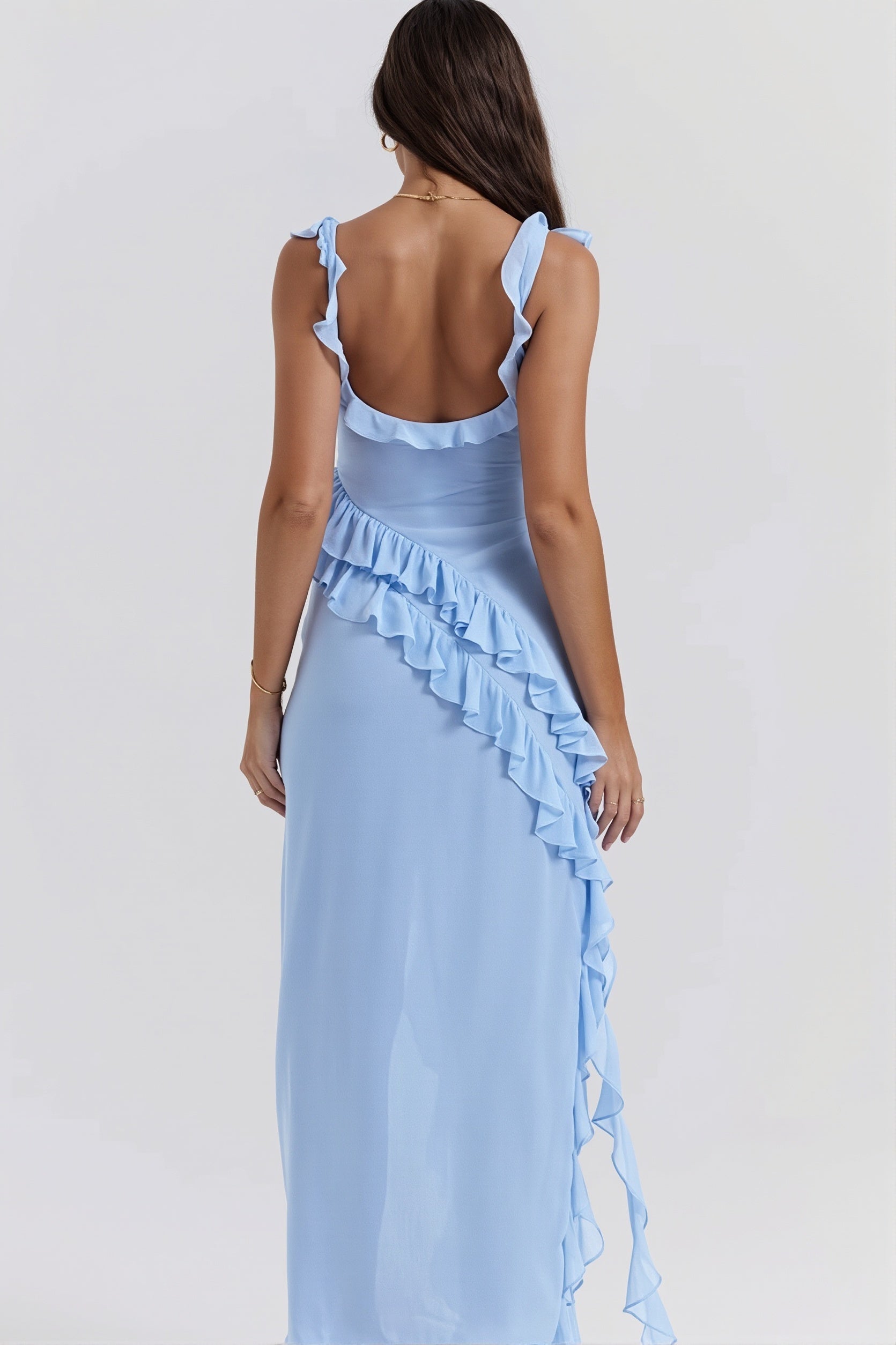 Ribbon Ruffle-Splice Slit Maxi Dress