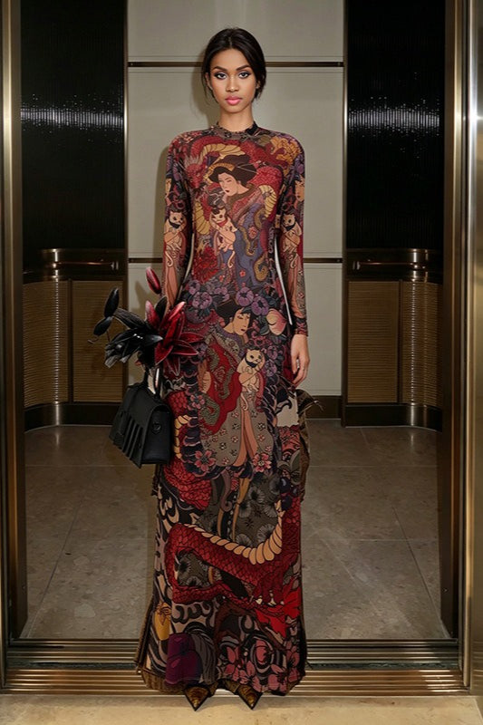 Round-Neck Print Waist-Tie Slit Maxi Dress