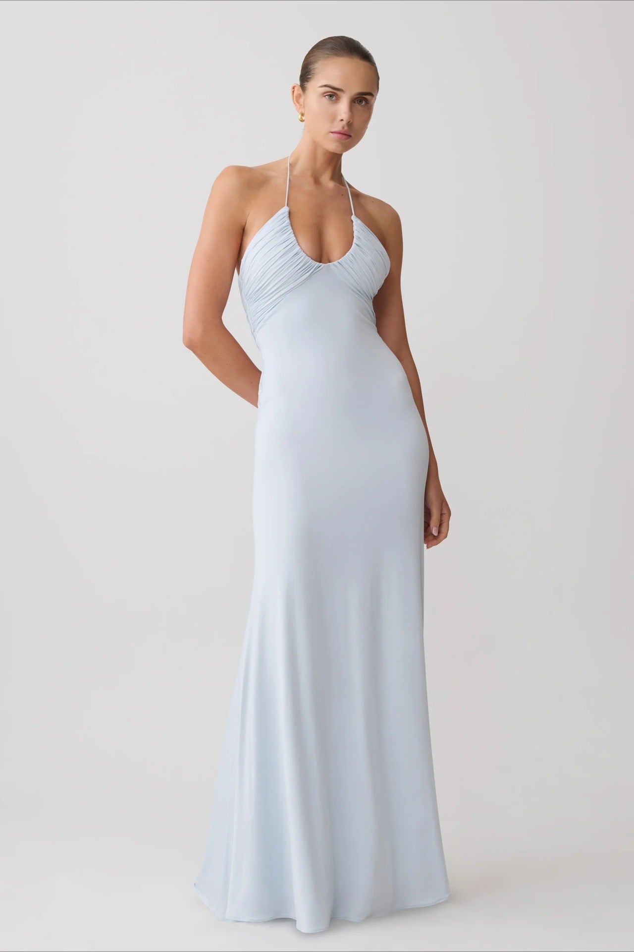 Halter Ruched Open-Back Mini Dress