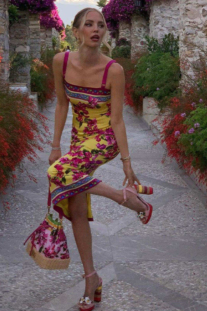 Vintage-Print Cami Slim Midi Dress