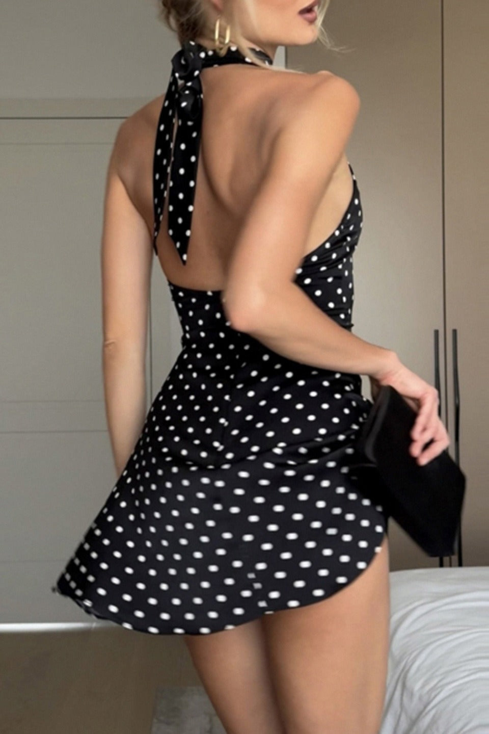 Polka Dot Backless Halter Sculpt Mini Dress