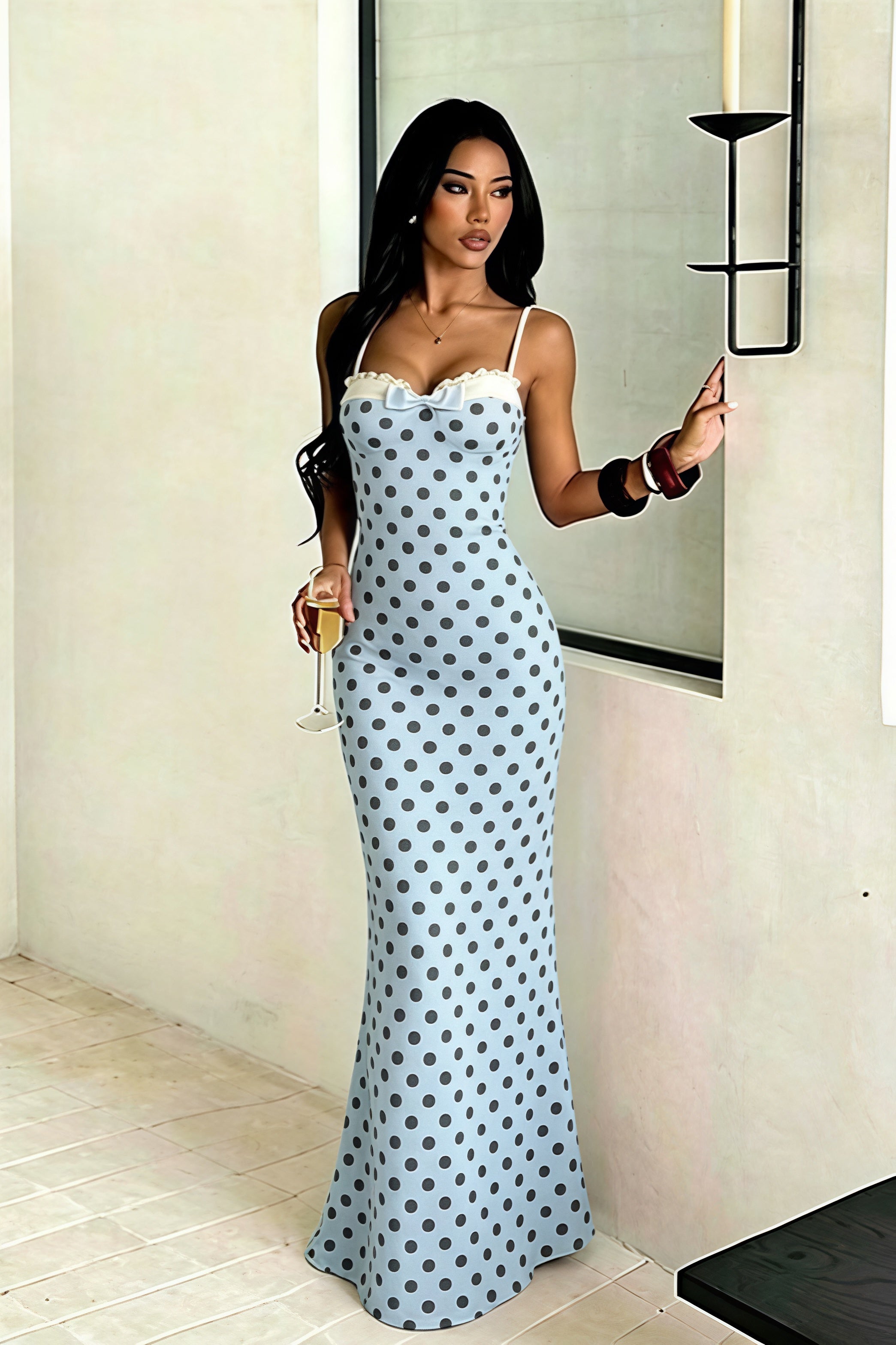 Polka Dot Spaghetti-Strap Bodycon Maxi Dress