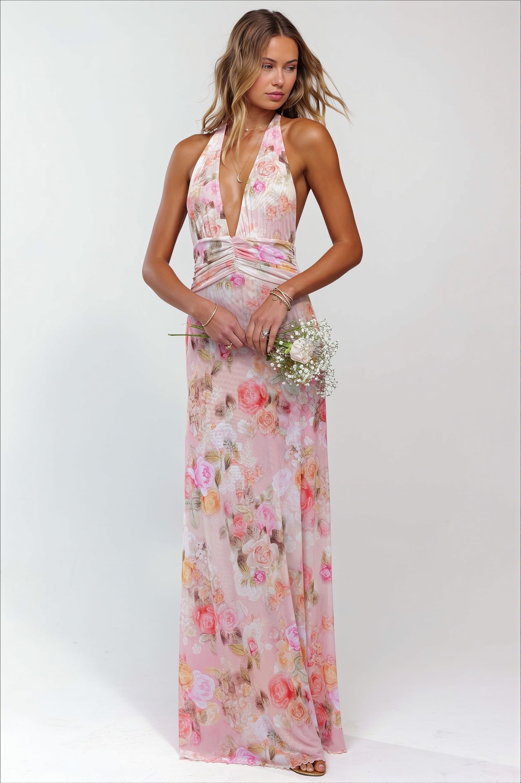 Printed Halter Backless Slim Maxi Dress