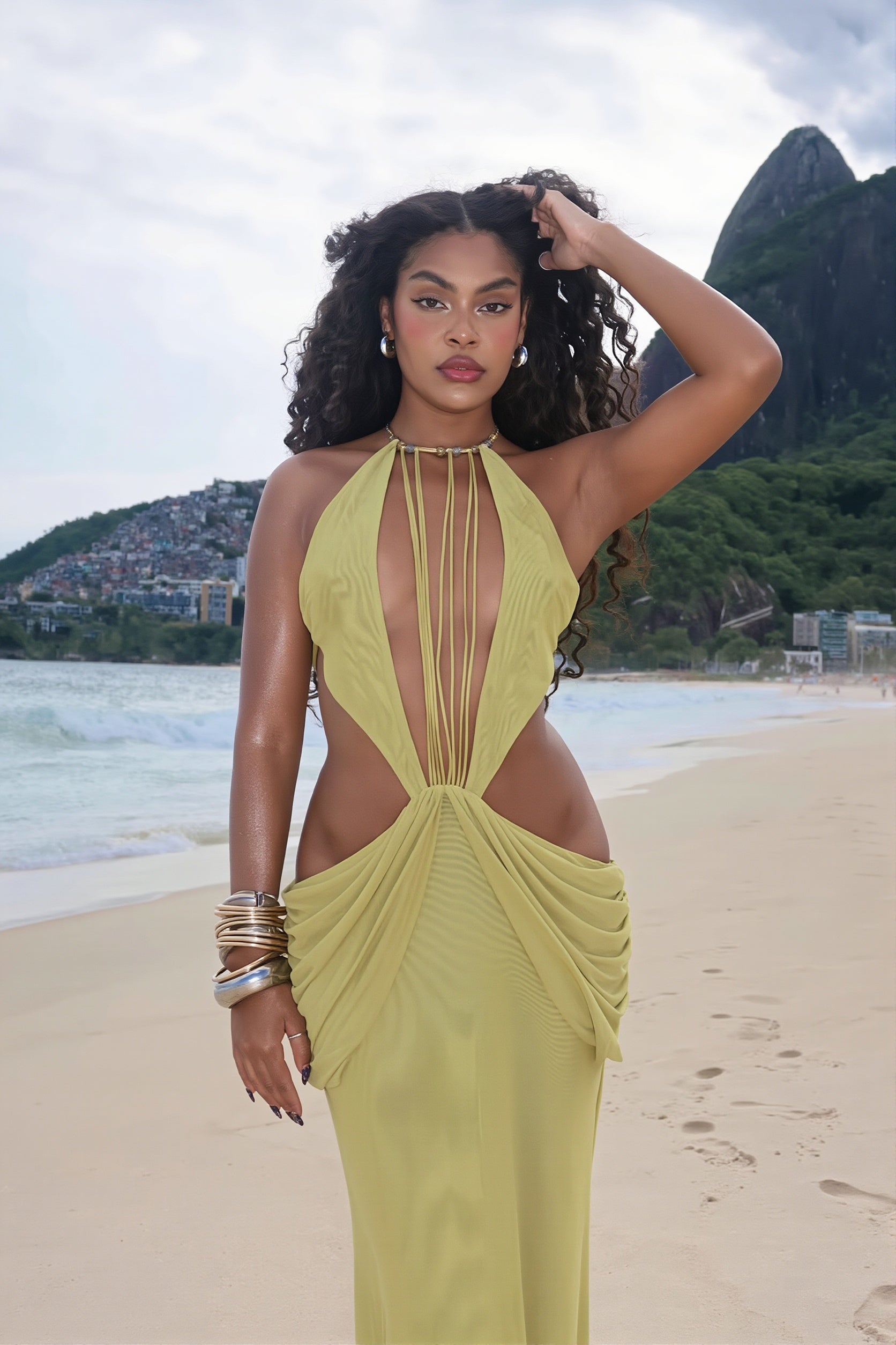 Halter Beaded Ruffle Maxi Dress