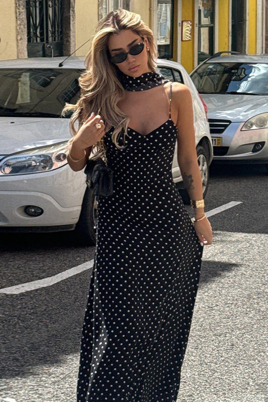 Polka Dot V-Neck Cami Backless Maxi Dress