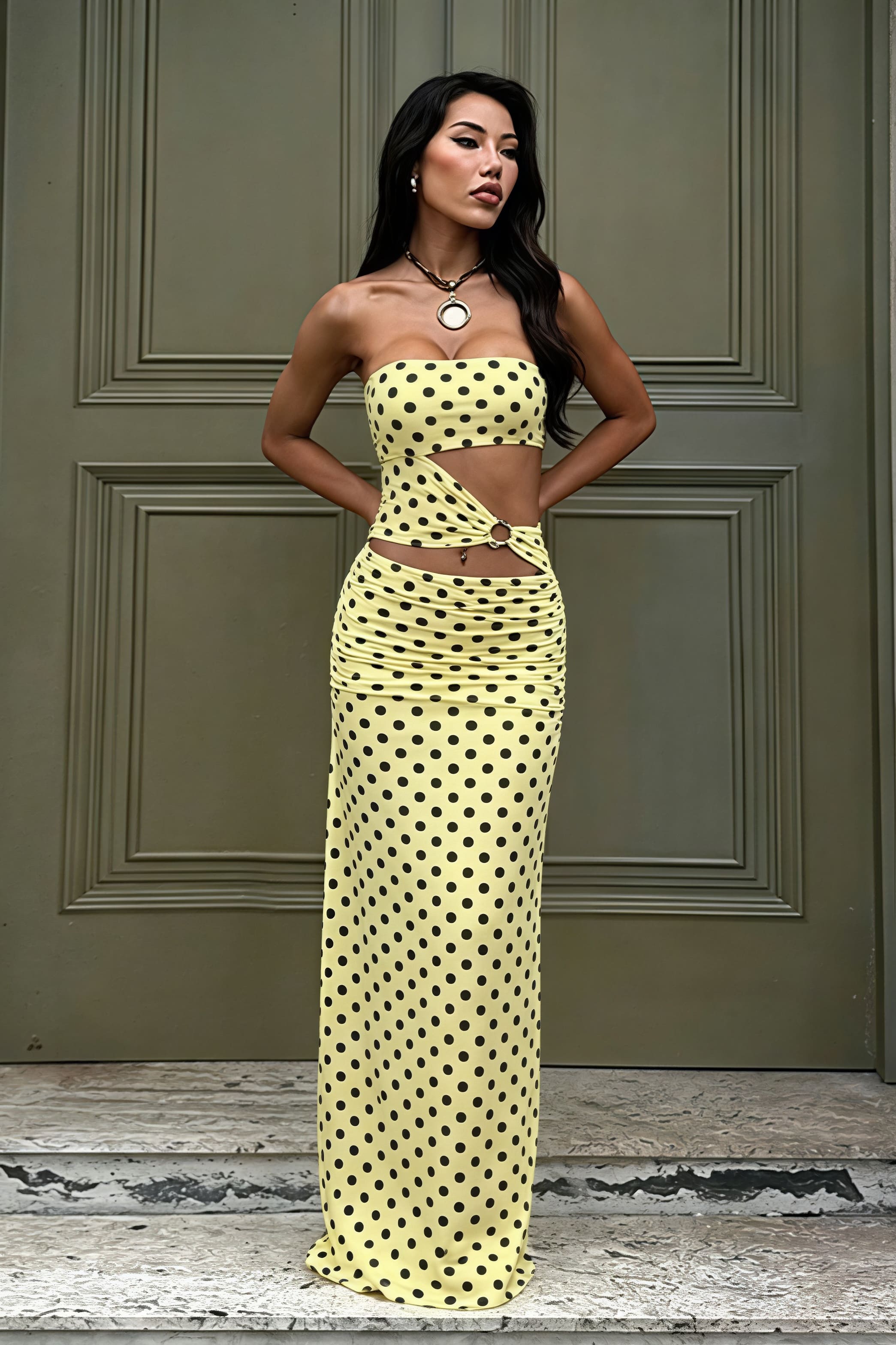 Printed Strapless Cutout Bodycon Maxi Dress