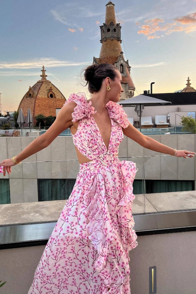 Floral Ruffle-Trim Deep-V Dress