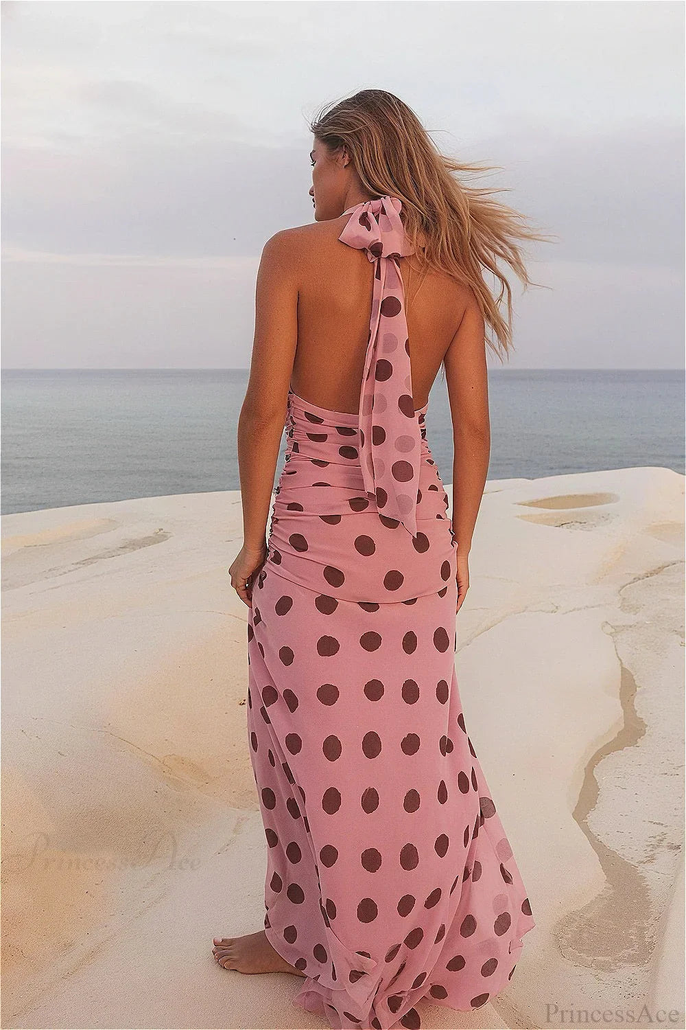 Polka Dot Backless Tie-Waist Maxi Dress