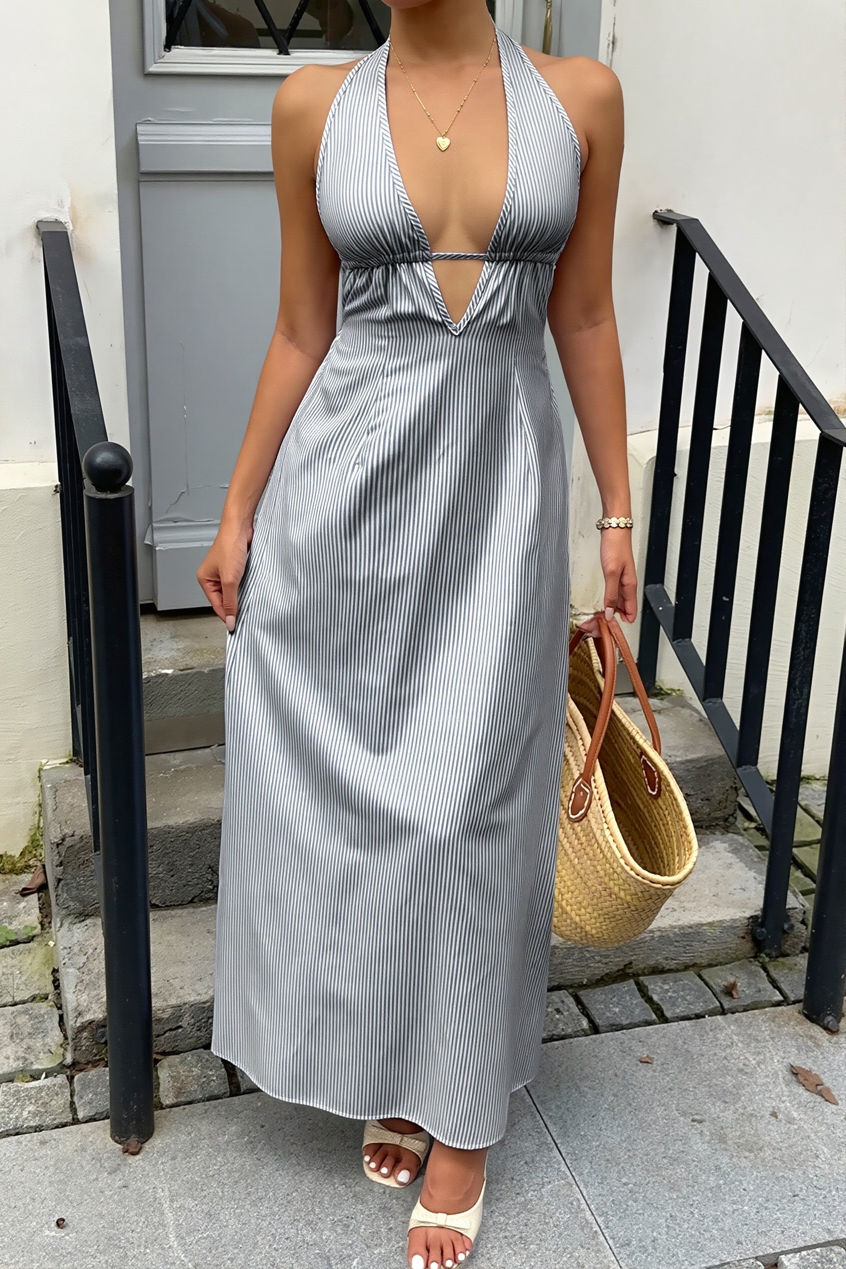 Stripe Halter Lace-Up Backless Maxi Dress