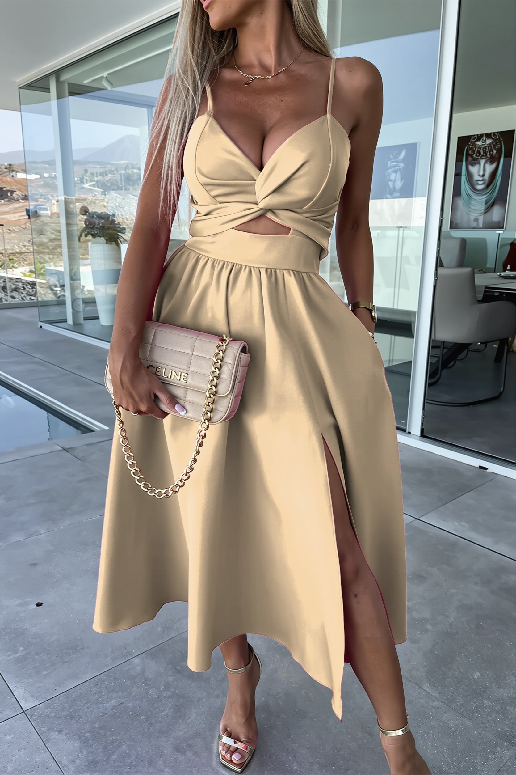 Deep-V Cutout Cami Swing Maxi Dress