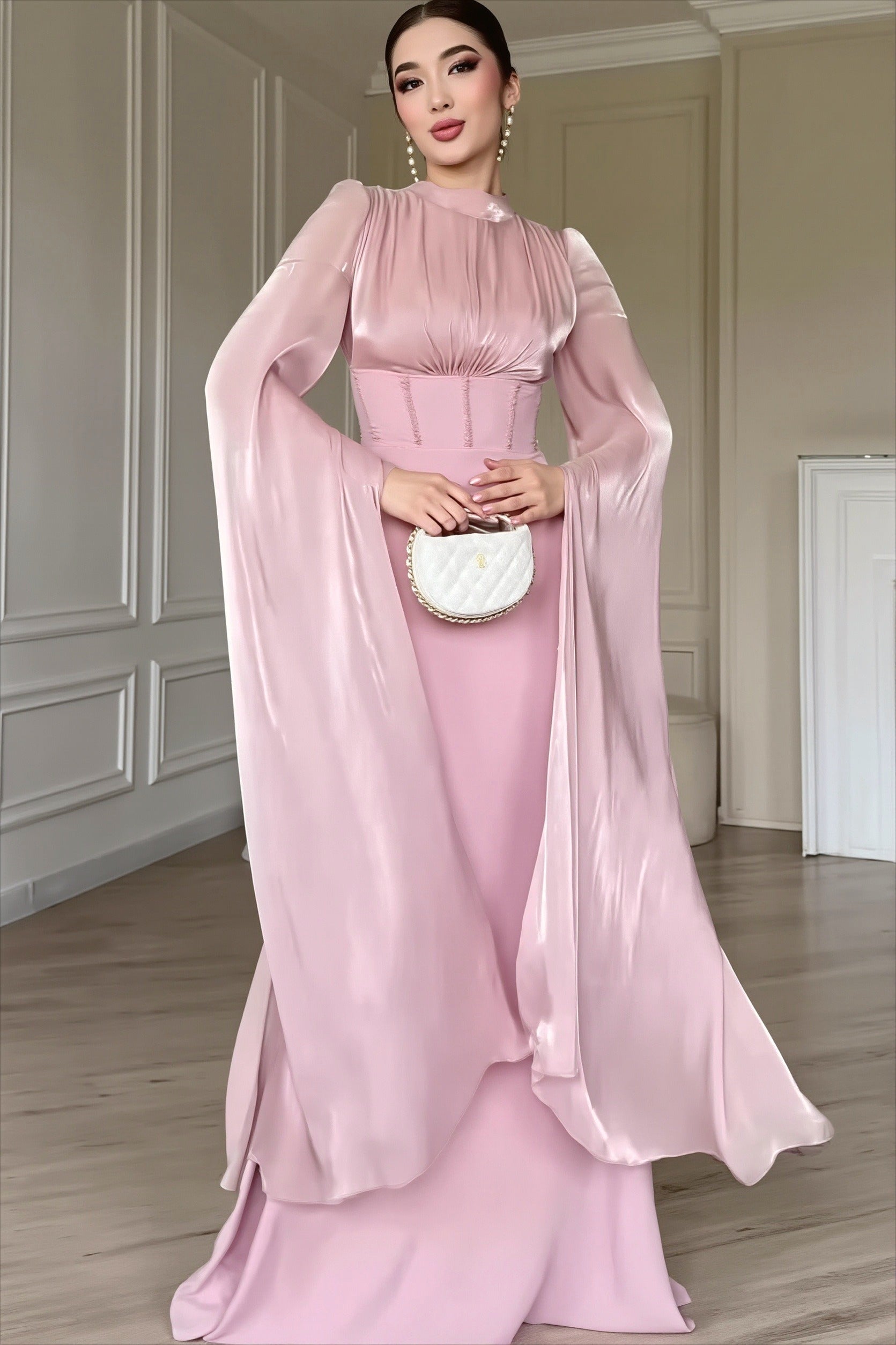 Glossy Flowy-Sleeve Slim Maxi Dress