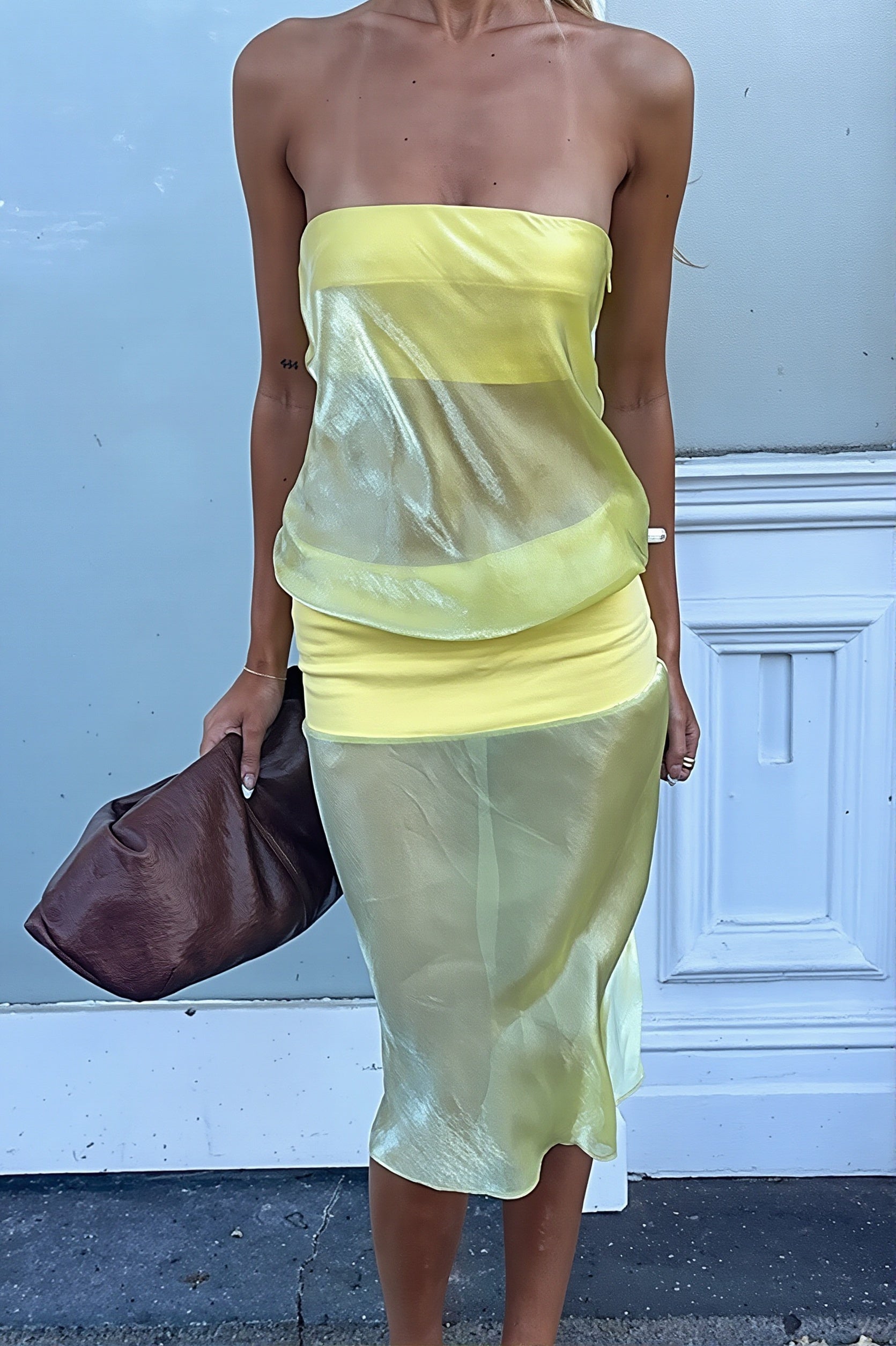 Strapless Contrast Sheath Midi Dress