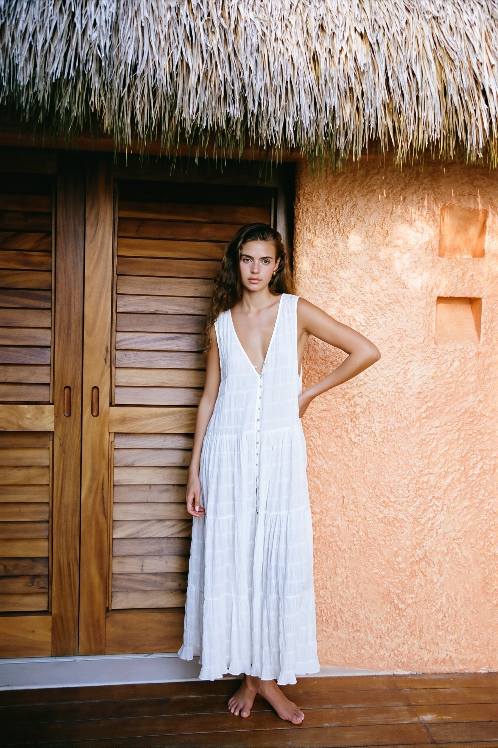 Chiffon V-Neck Button Swing Maxi Dress