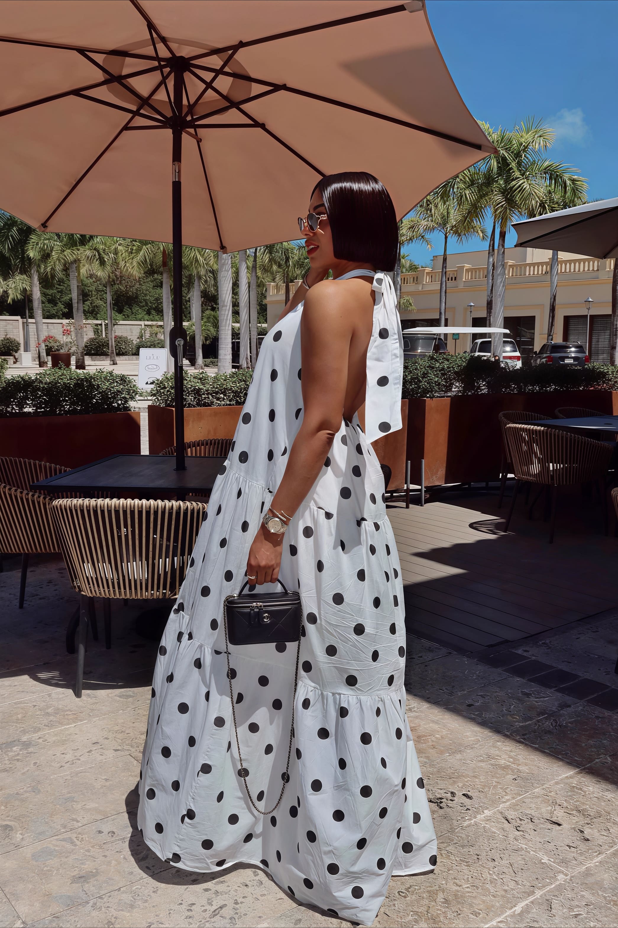 Polka Dot Patchwork Halter Swing Maxi Dress
