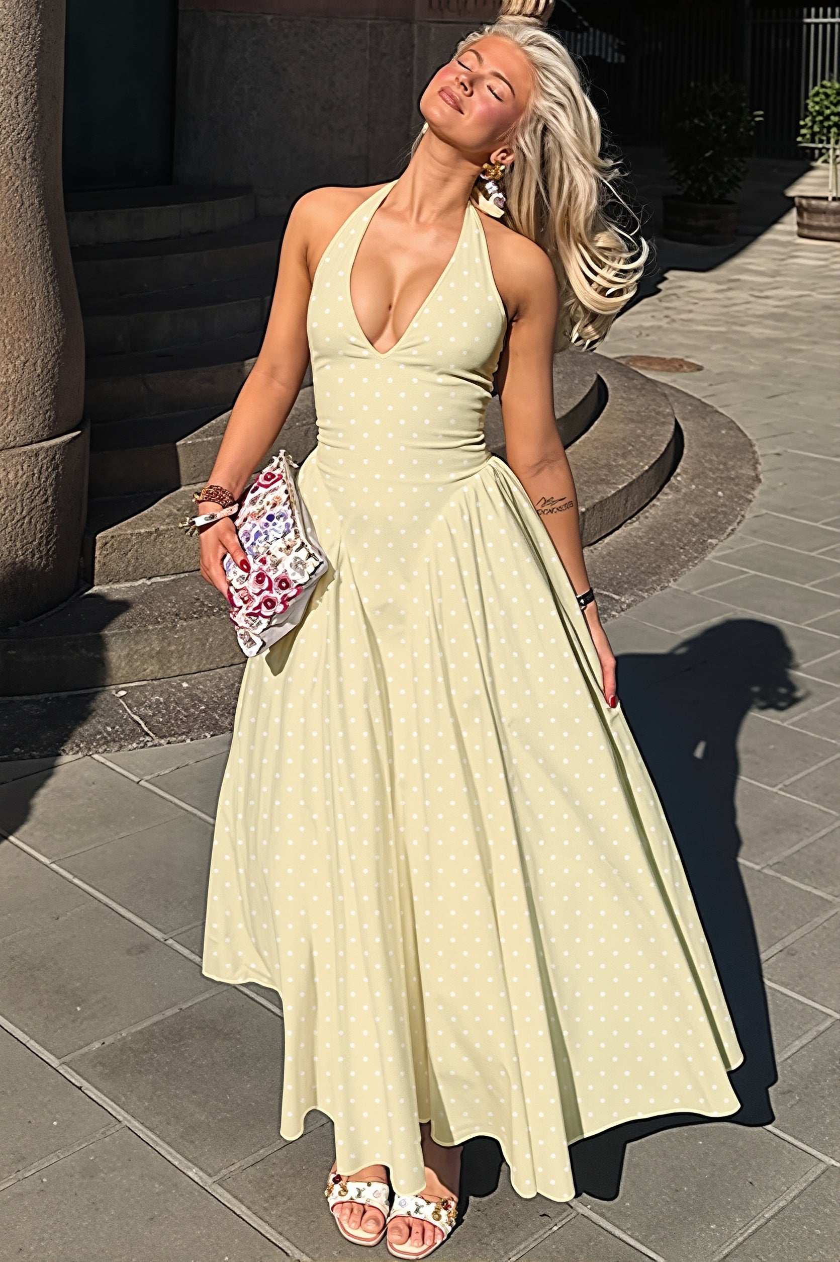 Polka Dot Halter Deep-V Maxi Dress