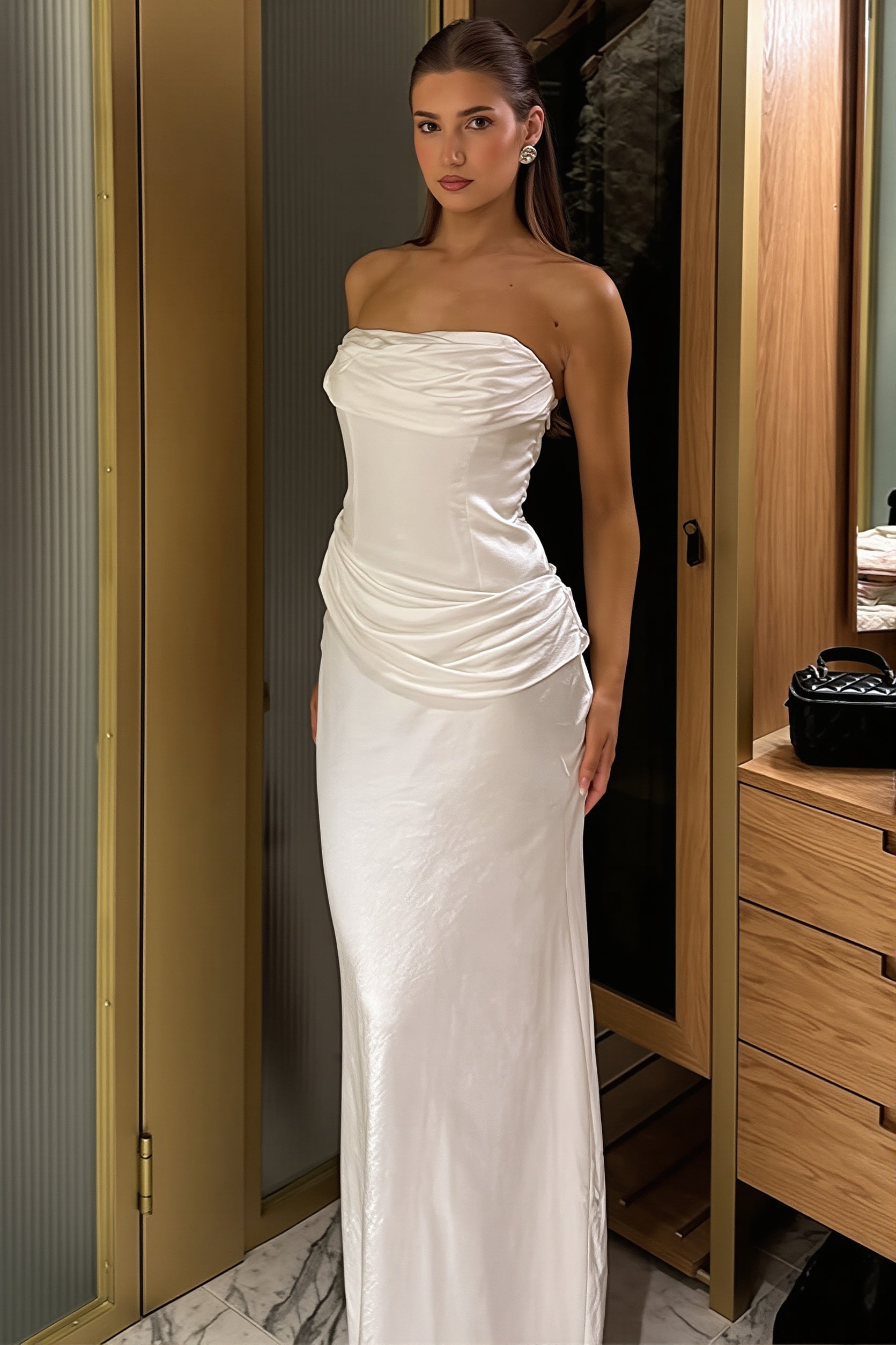 Satin Shirred Strapless Maxi Dress