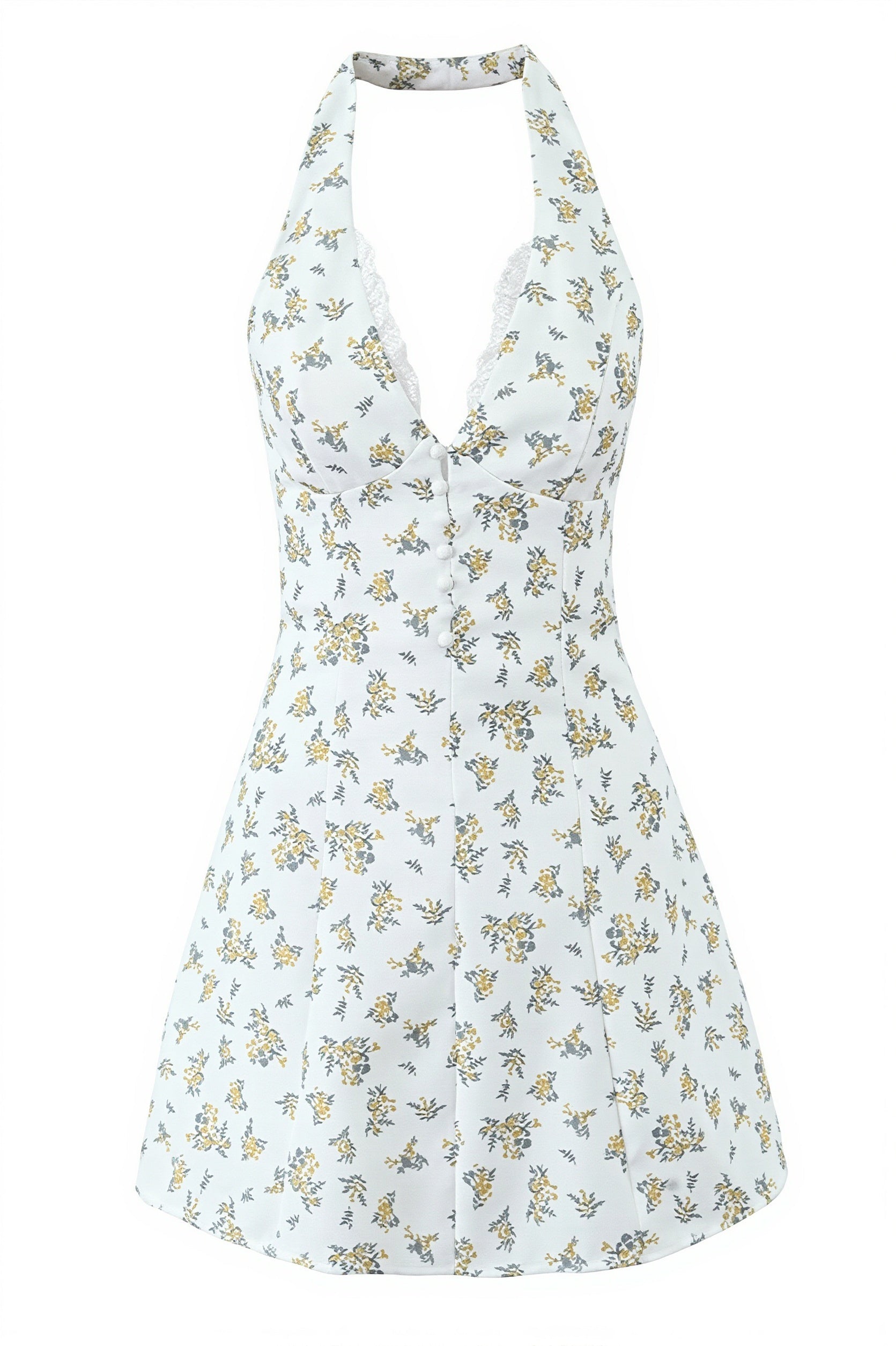 Floral Lace-Patchwork Halter Mini Dress