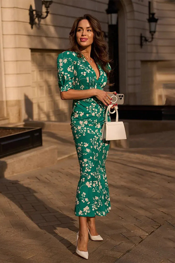 Floral Puff-Sleeve Fitted Dress