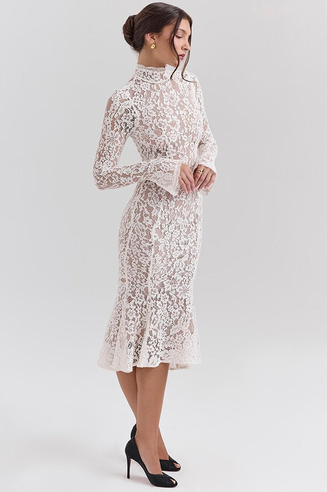 Lace Long-Sleeve Mermaid Midi Dress