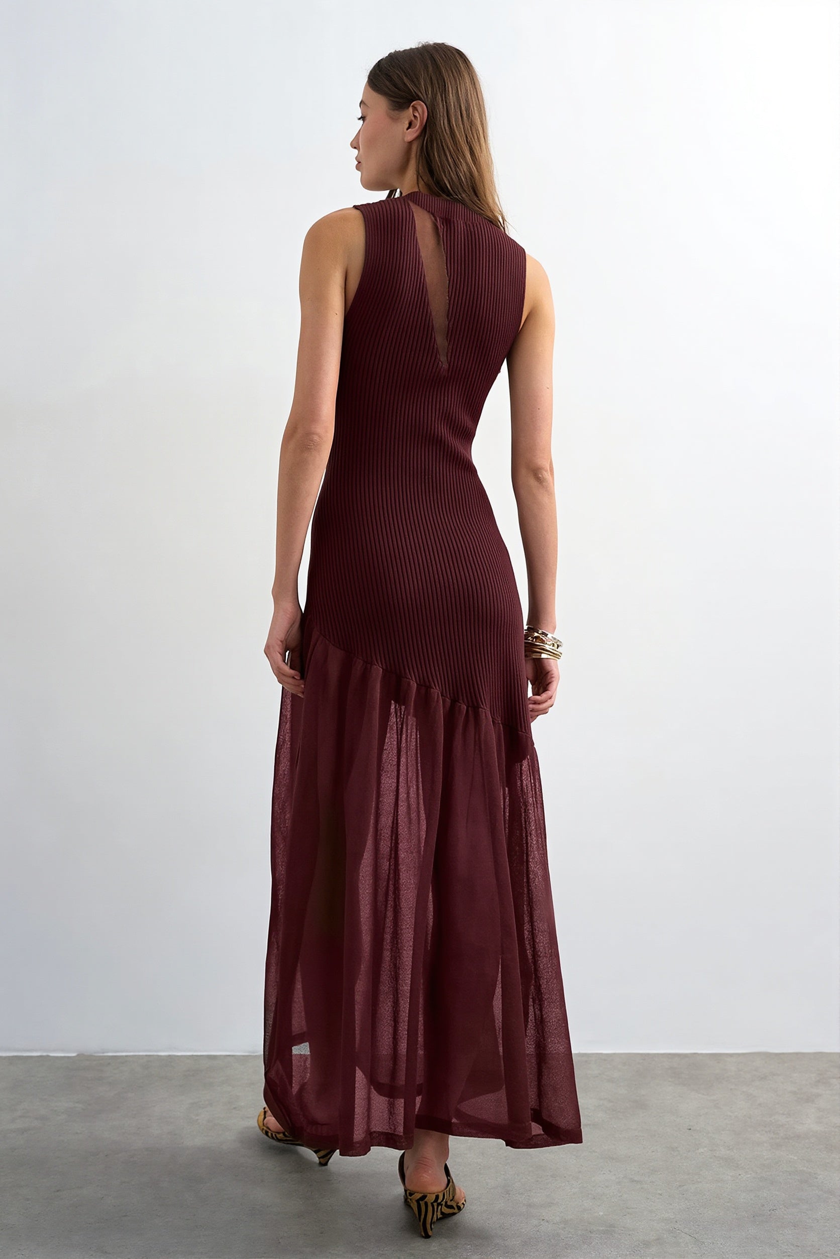Ribbed-Knit Mesh-Splice Maxi Dress