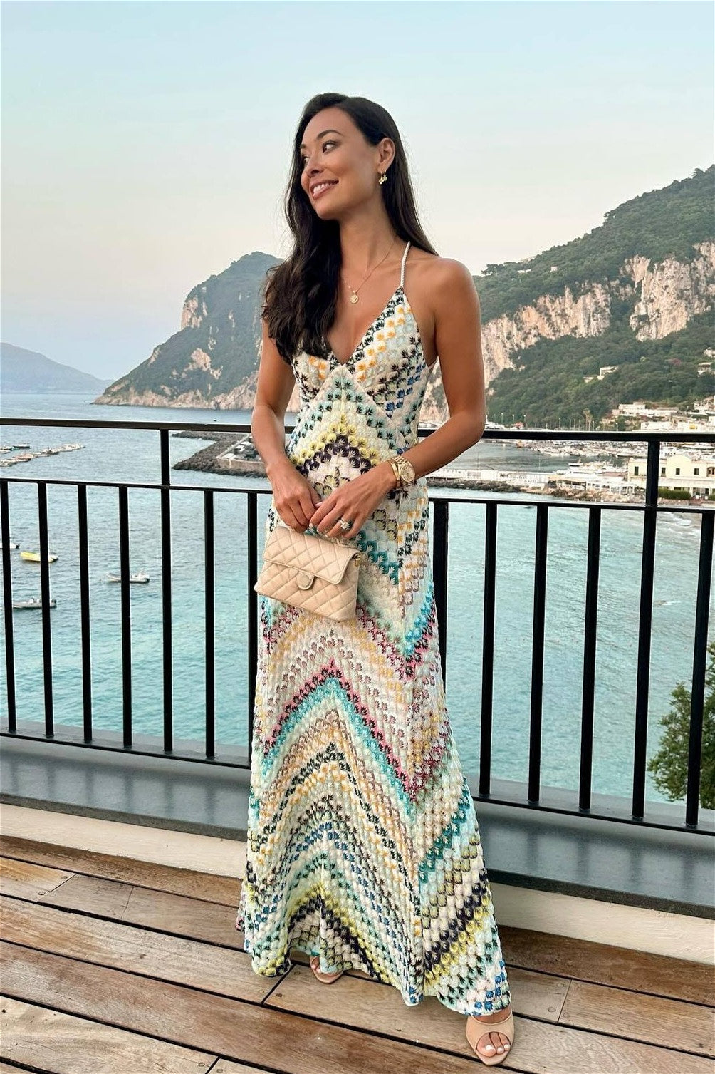 Striped-Knit Cutout Maxi Dress
