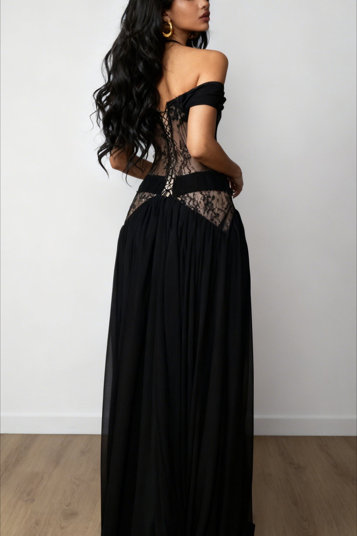 Draped Off-Shoulder Lace Slit Maxi Dress