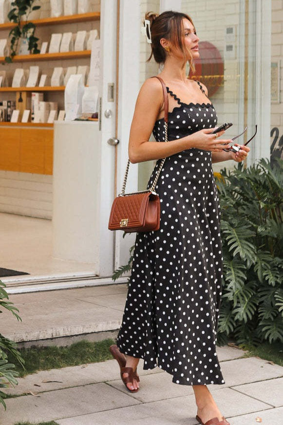 Polka Dot Boho Lace-Trim Cami Maxi Dress