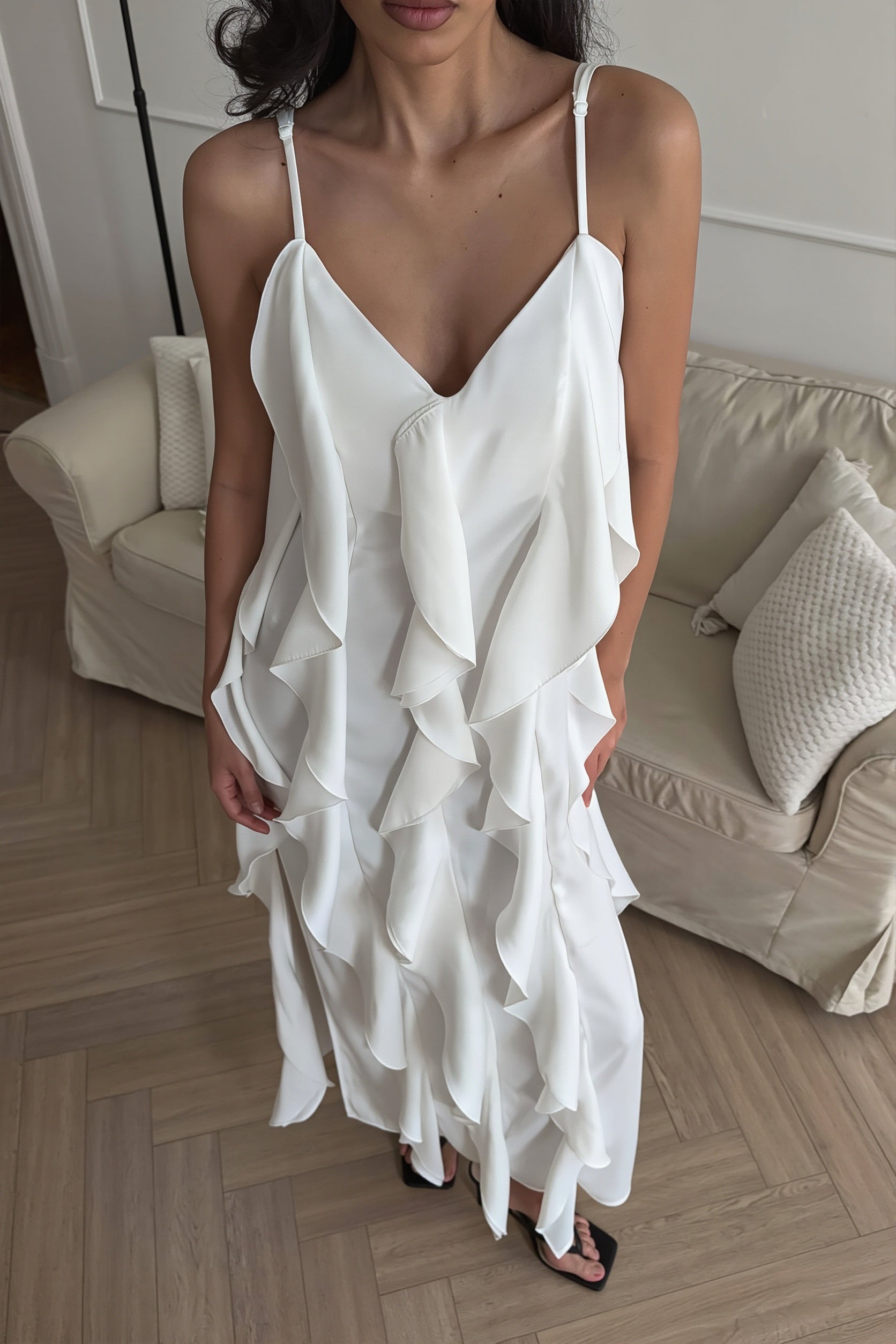 Ruffle-Trim V-Neck Cami Slip Maxi Dress