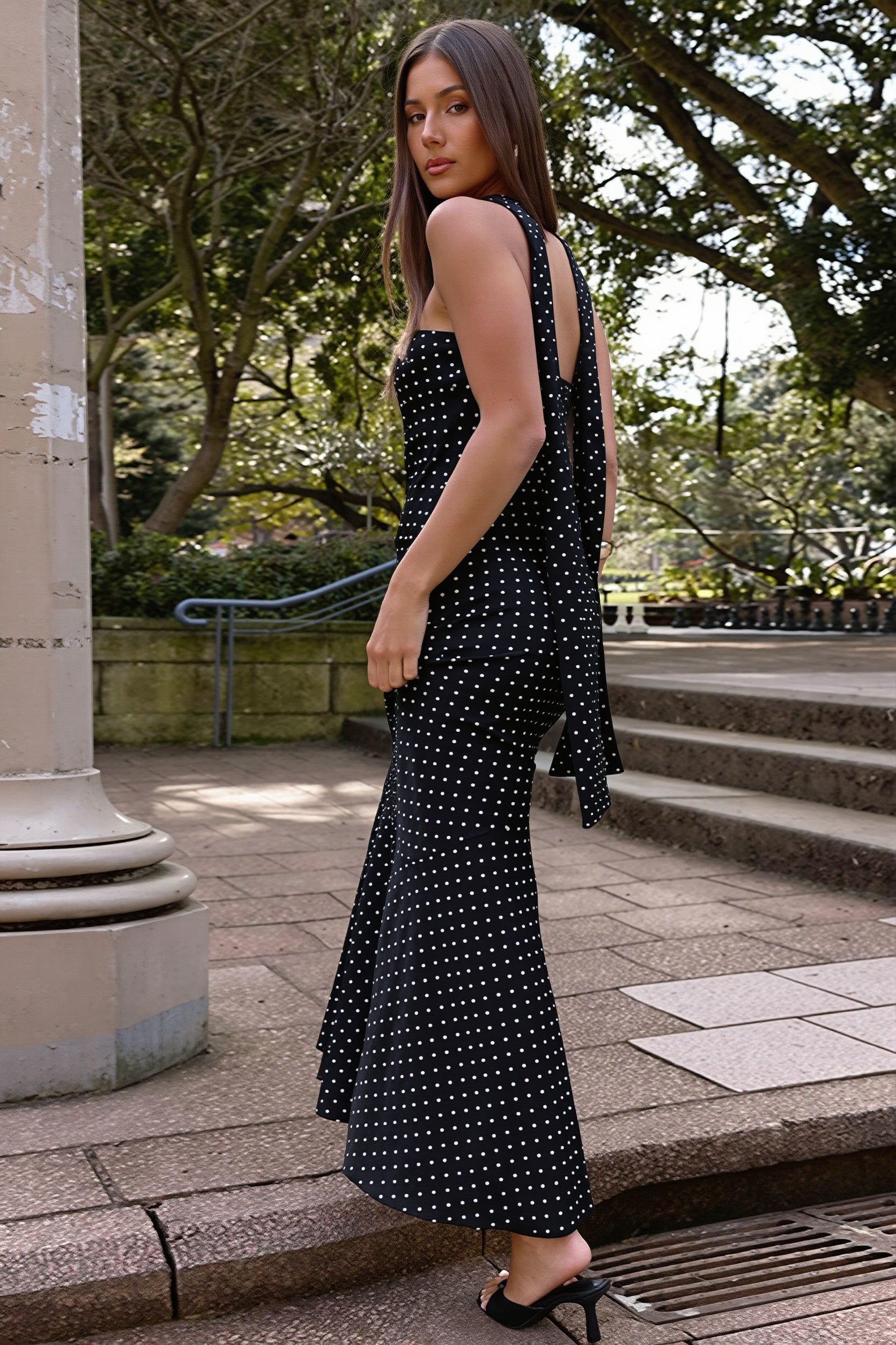 Polka Dot Strapless Tie-Waist Maxi Dress