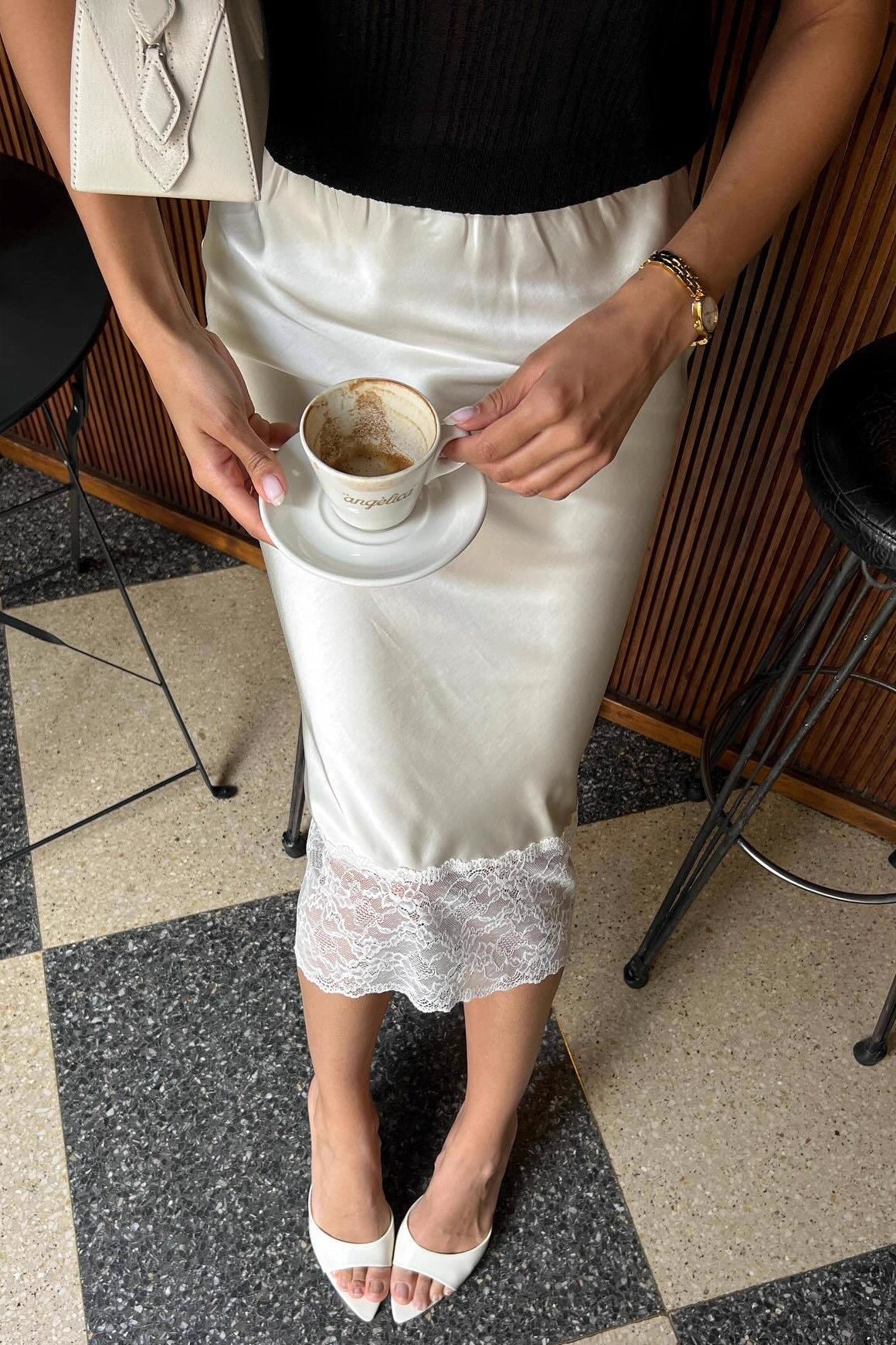 Satin Lace-Trim Bodycon Skirt