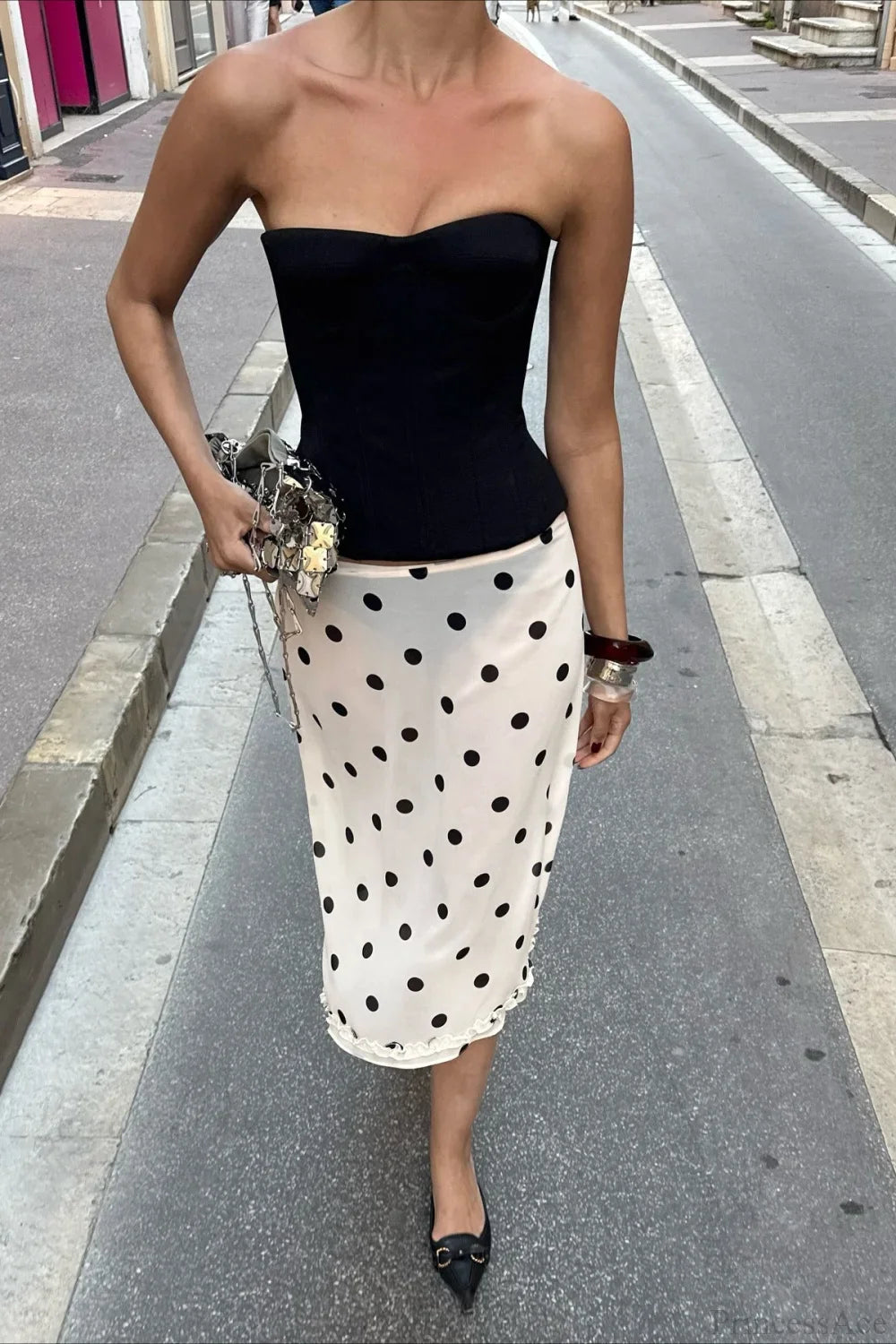 Draped Polka Dot High-Waist Skirt