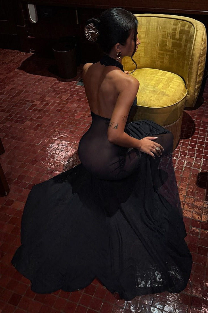 Halter Mesh Sheer Cutout-Back Maxi Dress