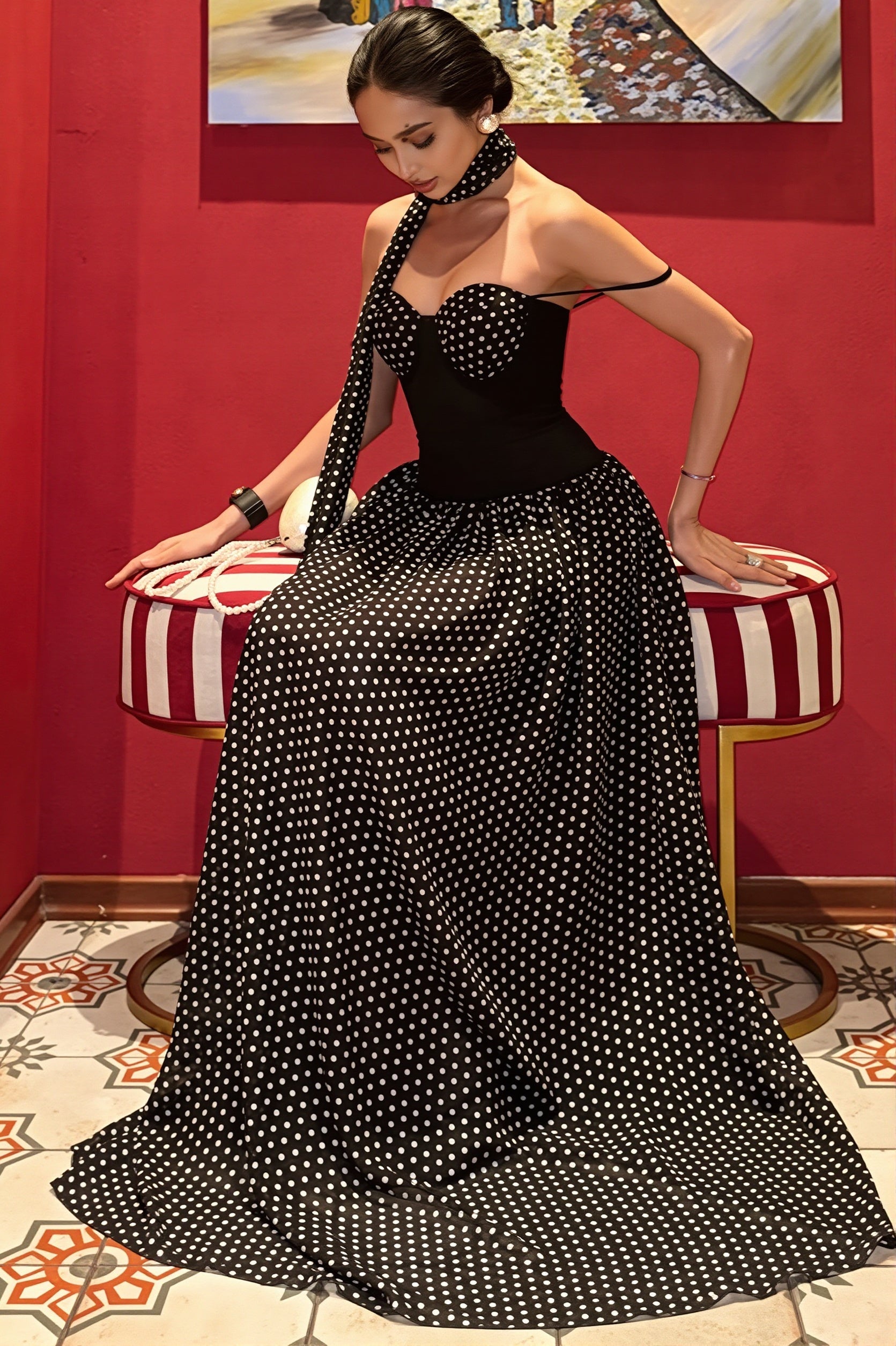 Strapless Dot-Print Ribbon Maxi Dress