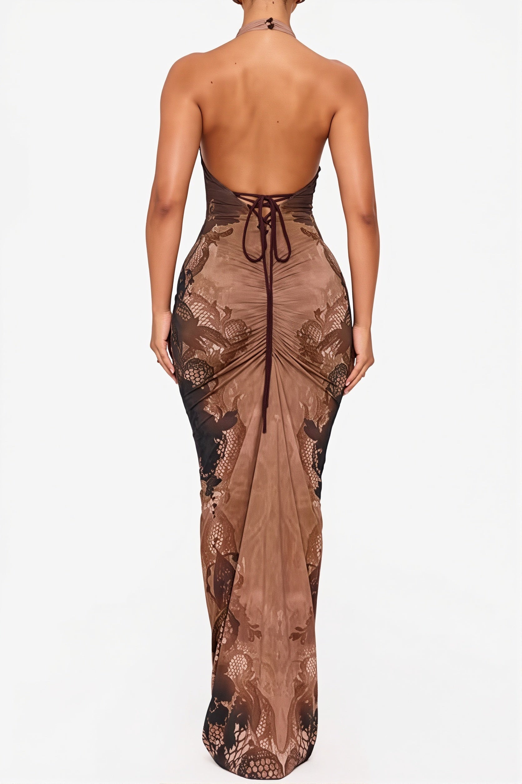 Lace-Pattern Halter Backless Maxi Dress