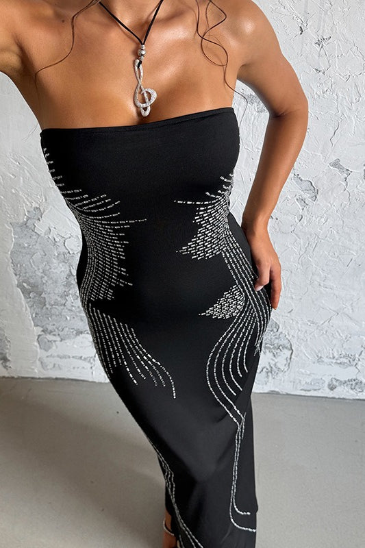 Rhinestone Strapless Off-Shoulder Maxi Dress